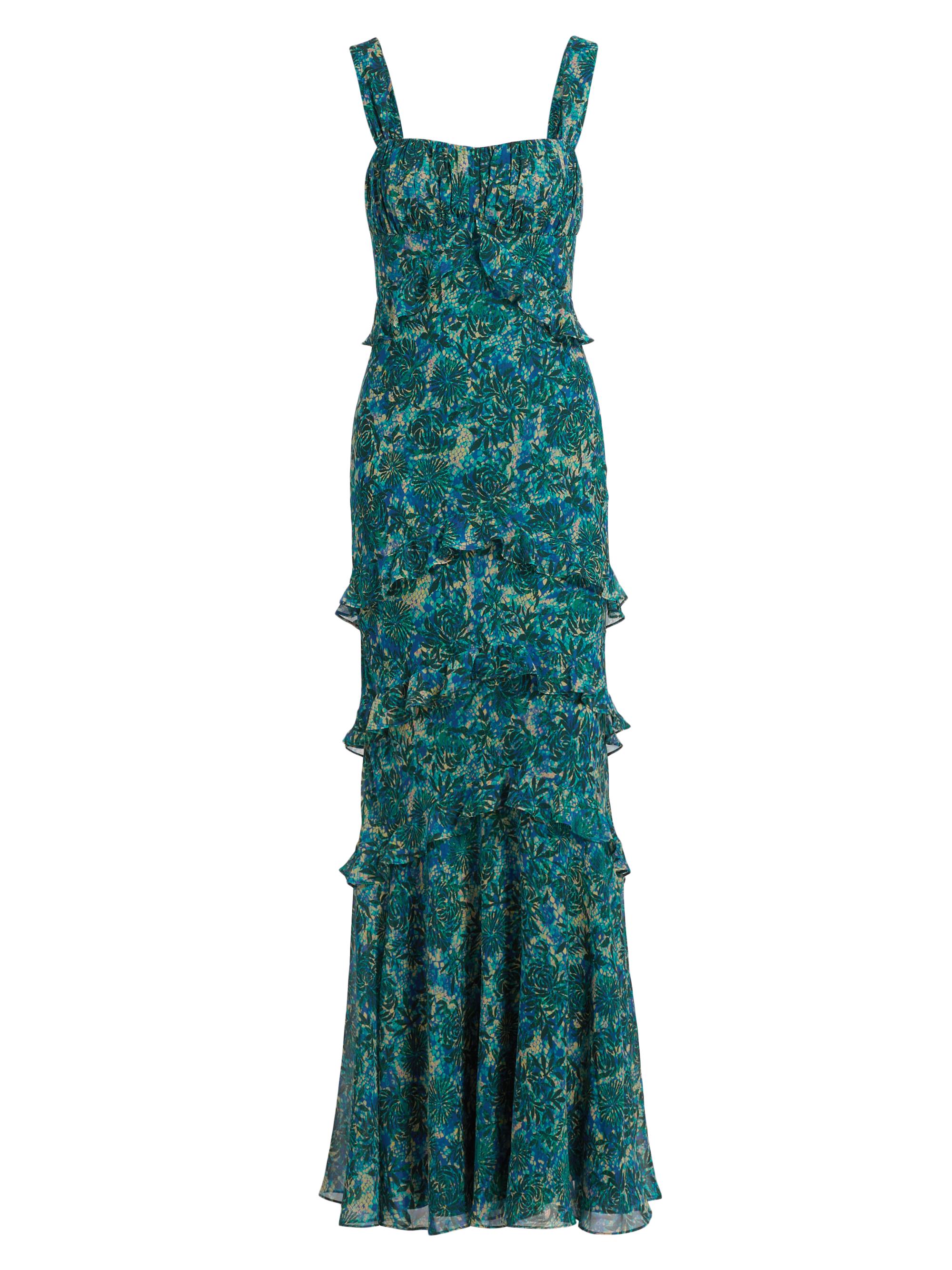 Saloni Women's Chandra Ruffle Jacqaurd Maxi Dress - Python Flower Emerald