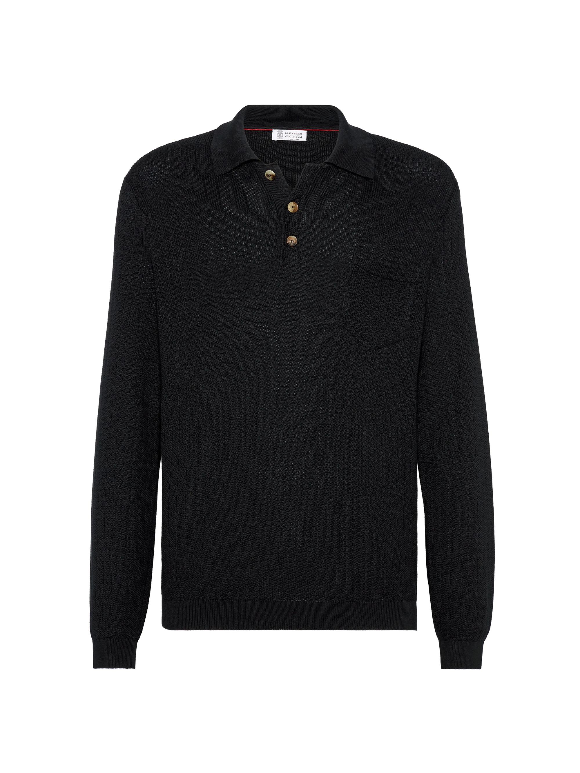 Brunello Cucinelli Men's Cotton Honeycomb Stitch Knit Polo Sweater - Black