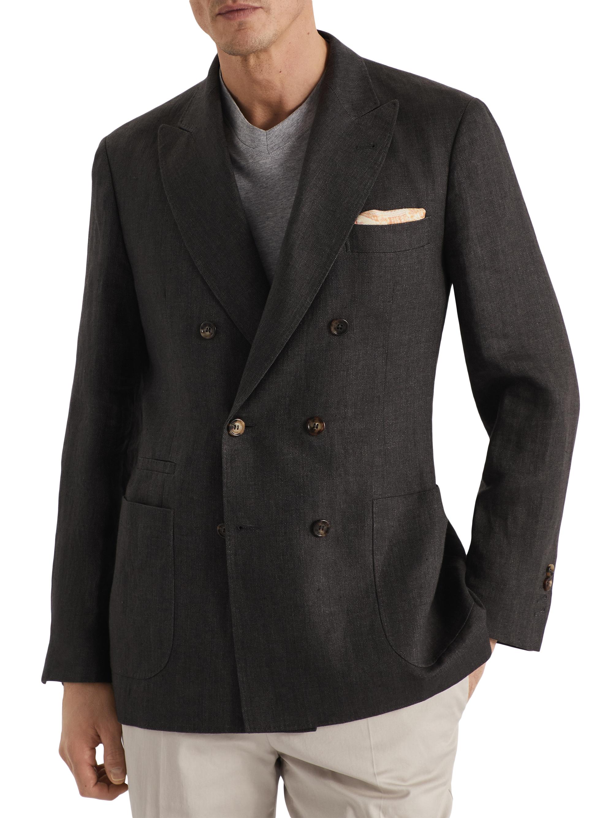 Brunello Cucinelli Men's Linen Chevron One and a Half Breasted Blazer - Anthracite