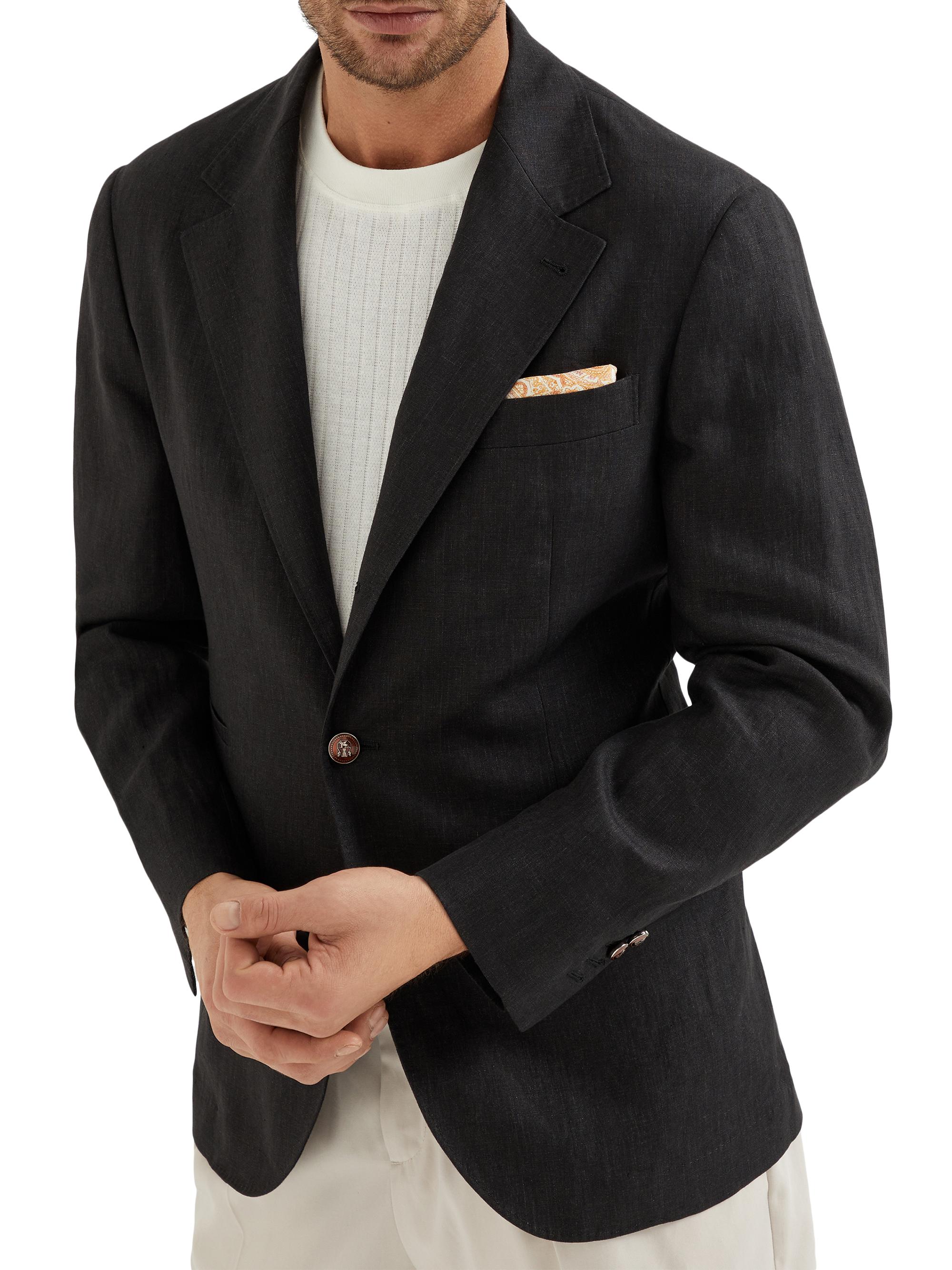 Brunello Cucinelli Men's Délavé Linen Deconstructed Blazer with Metal Buttons - Black