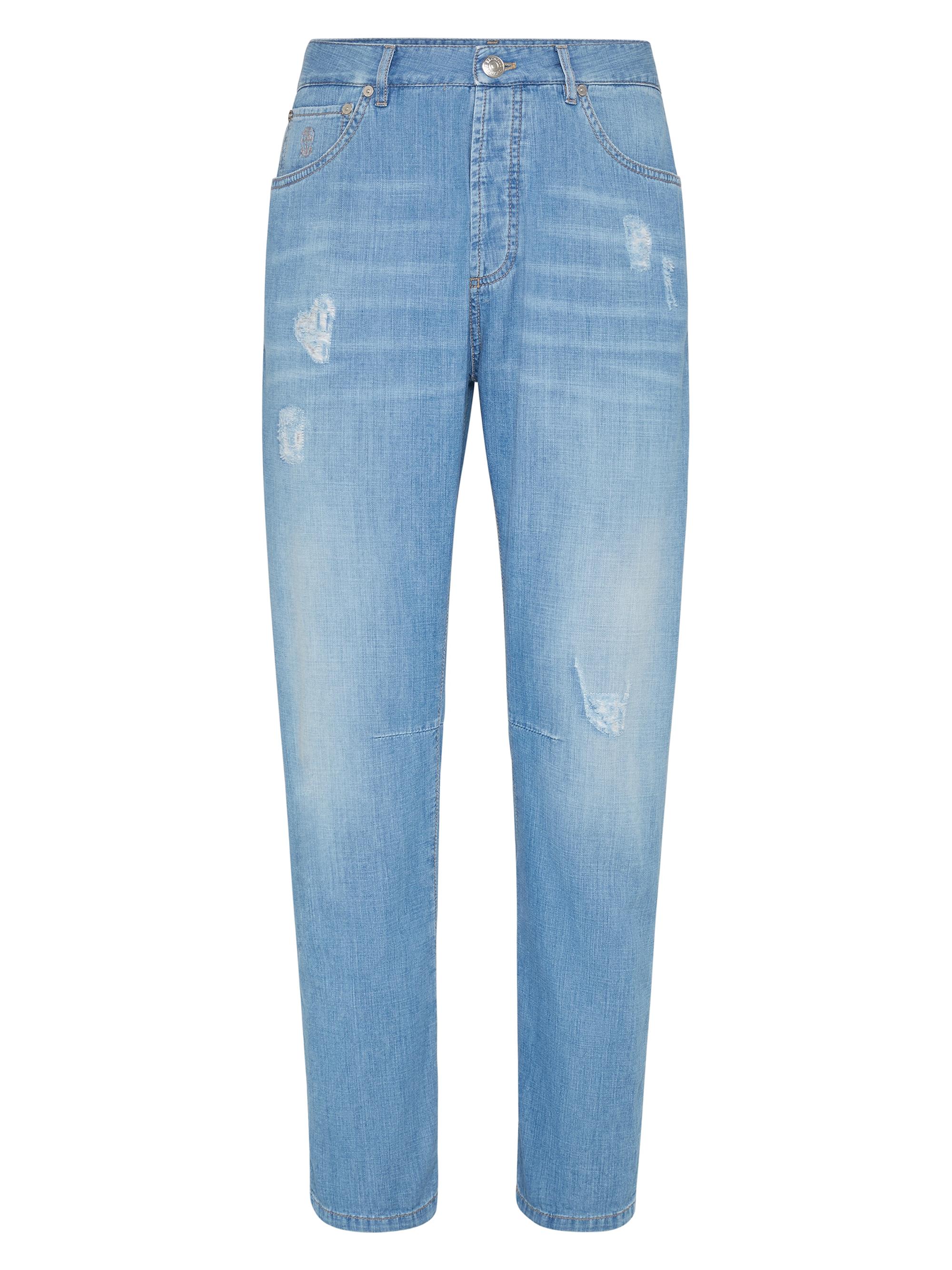 Brunello Cucinelli Men's Lightweight Old Denim Leisure Fit Five Pocket Jeans - Light Blue Denim