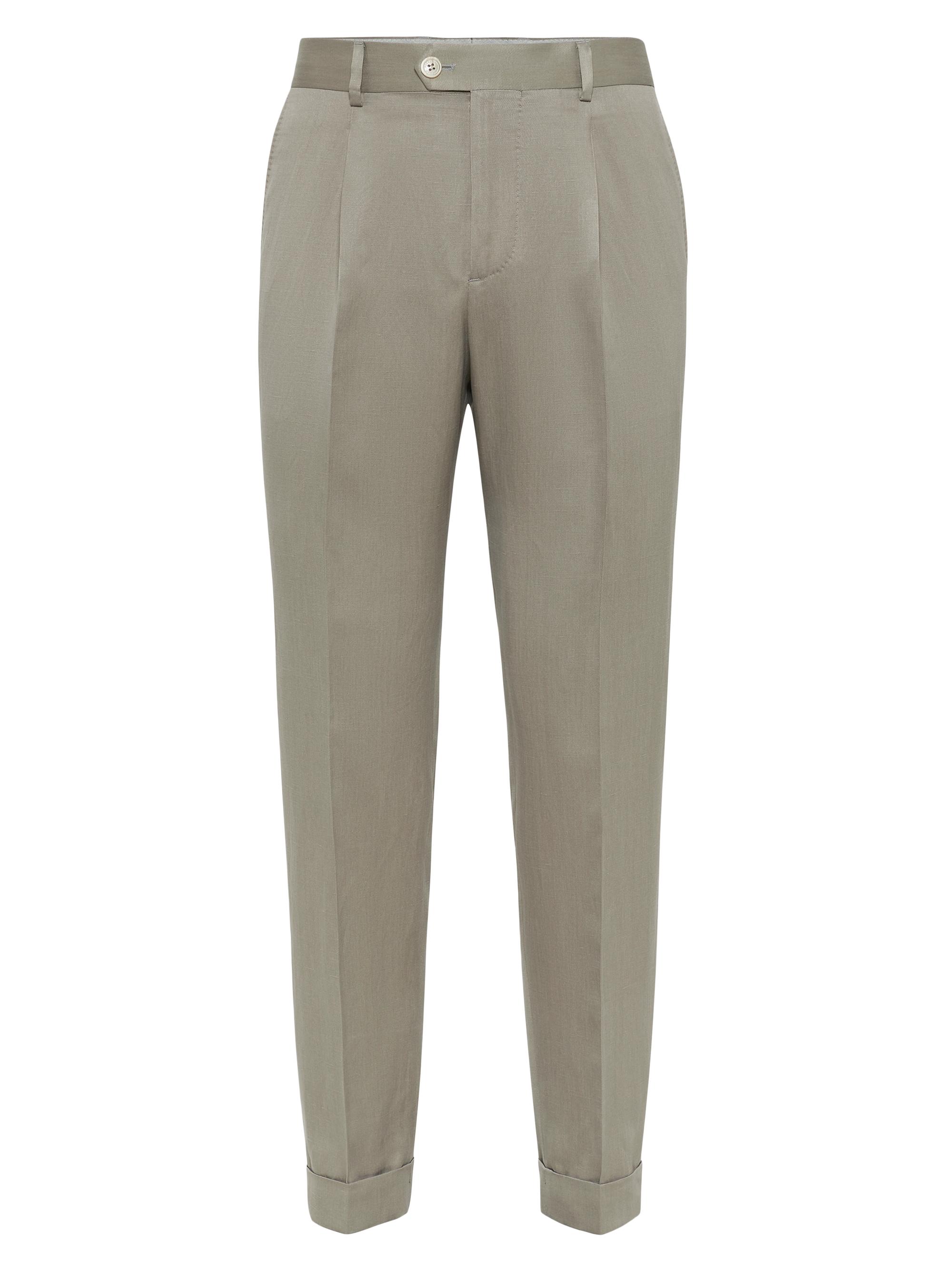 Brunello Cucinelli Men's Délavé Silk and Linen Twill Leisure Fit Trousers - Khaki