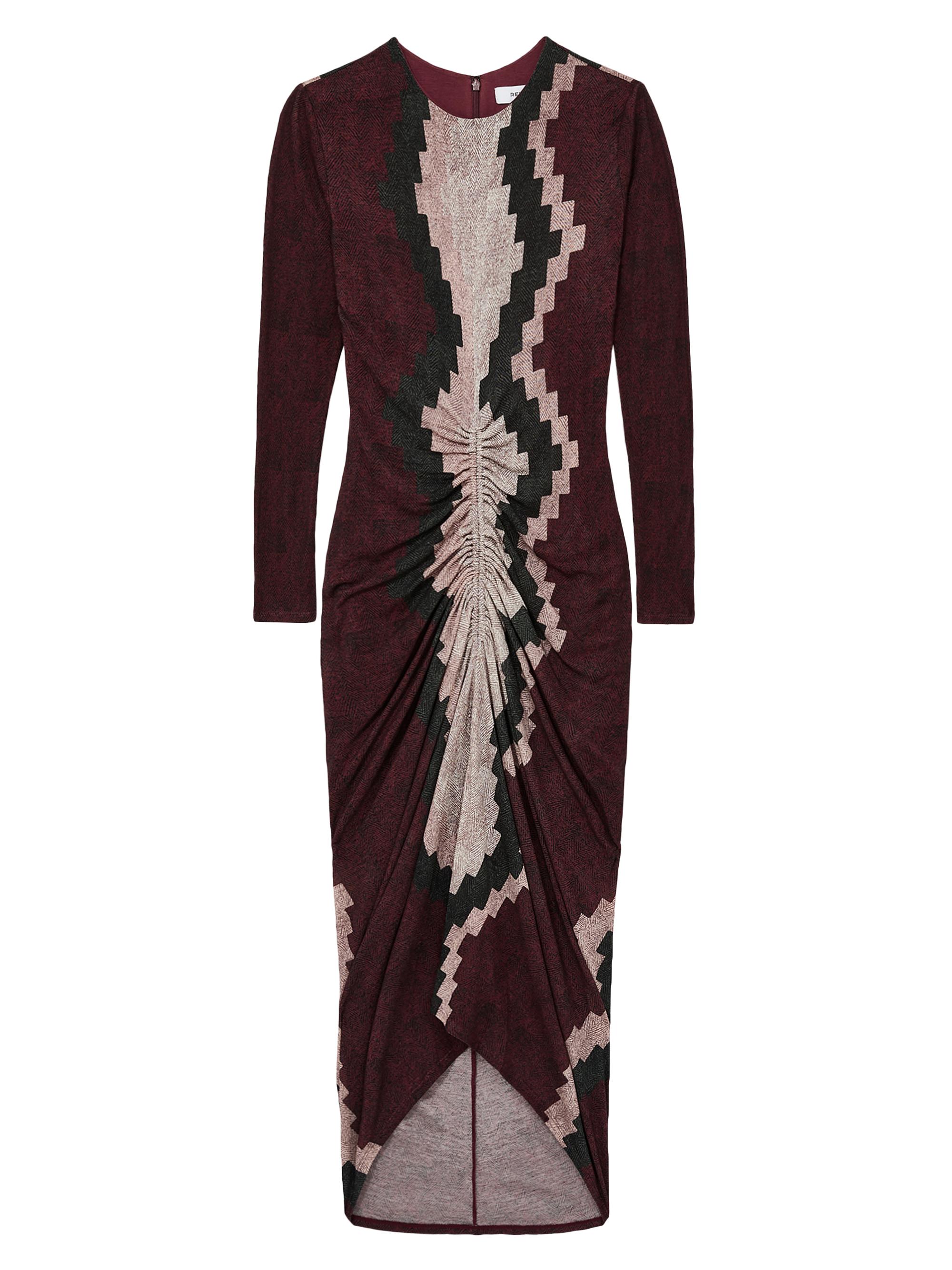 Reiss Women's Jersey Ruched Printed Midi-Dress - Burgundy
