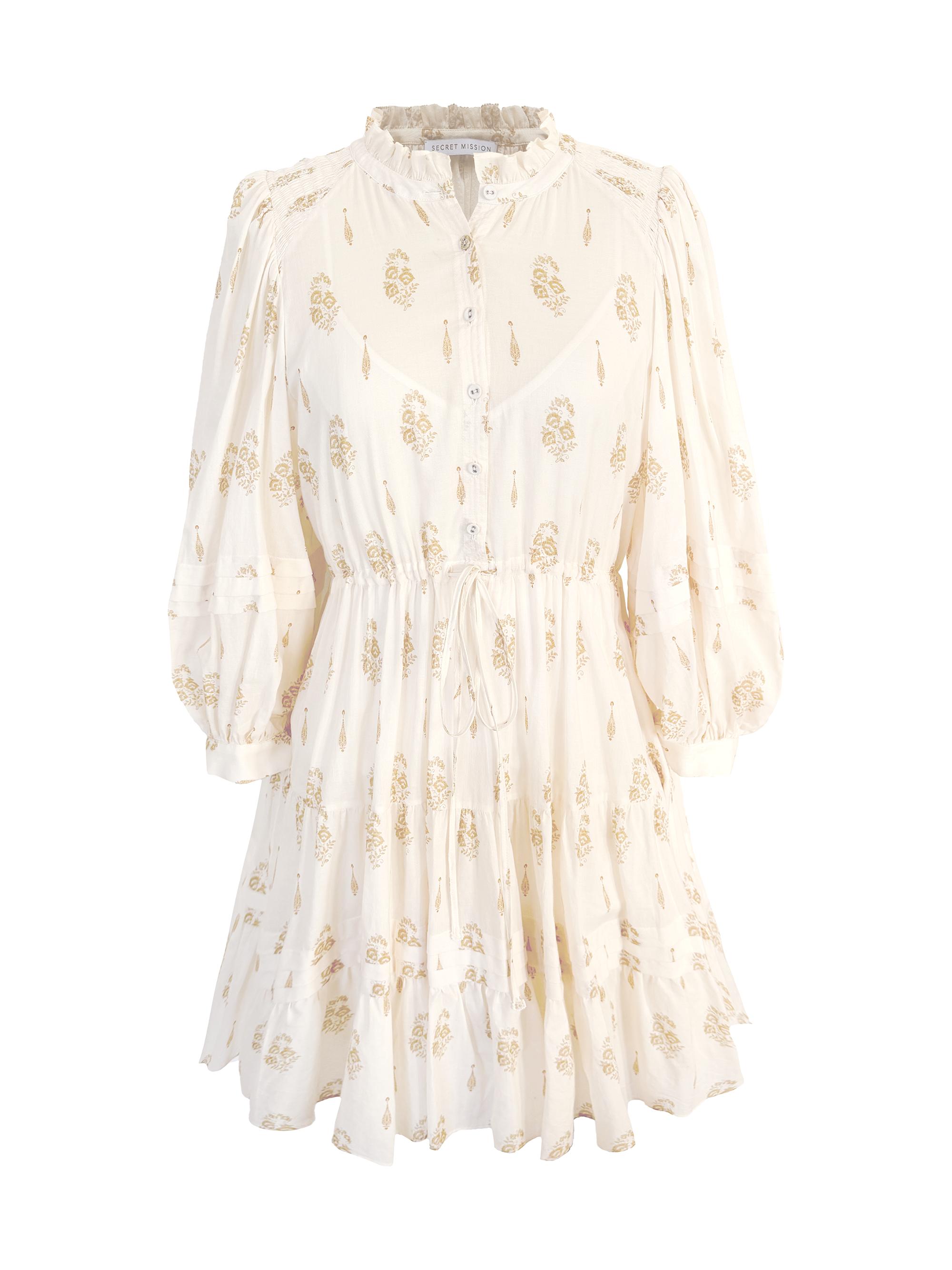 Secret Mission Women's South Hampton Lorien Cotton Voile Minidress - Antique Creme Gold Print