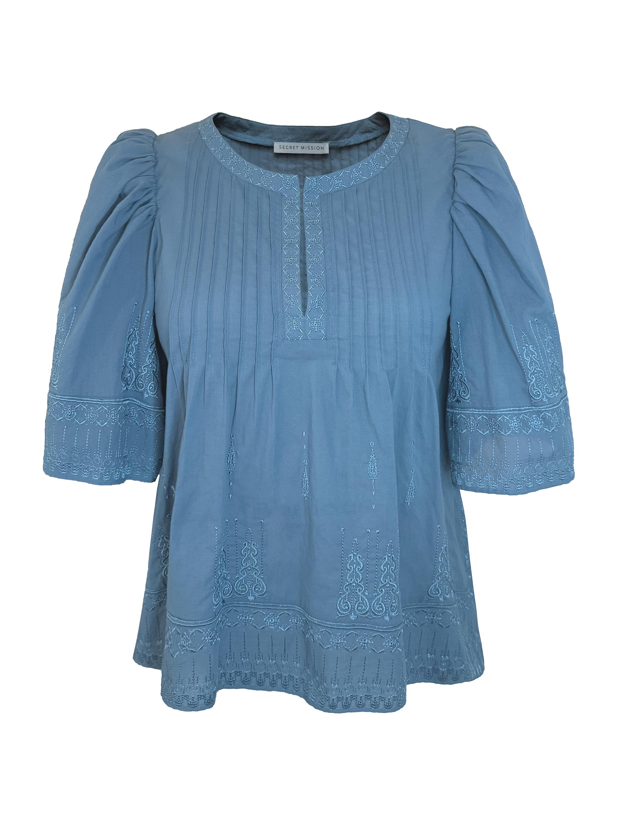 Secret Mission Women's Bridge Hampton Kali Embroidered Cotton Split-Neck Blouse - French Blue