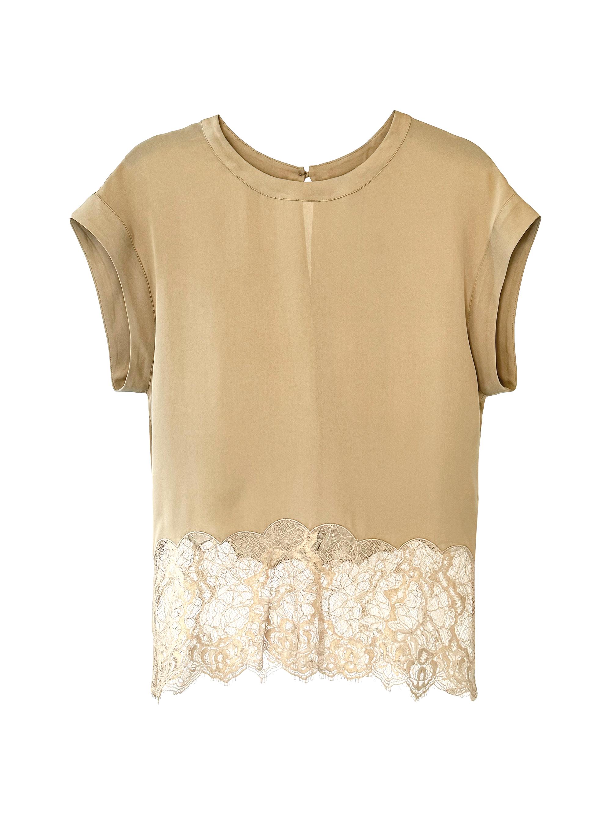 Secret Mission Women's Evrin Scalloped Lace Silk Top - Sand