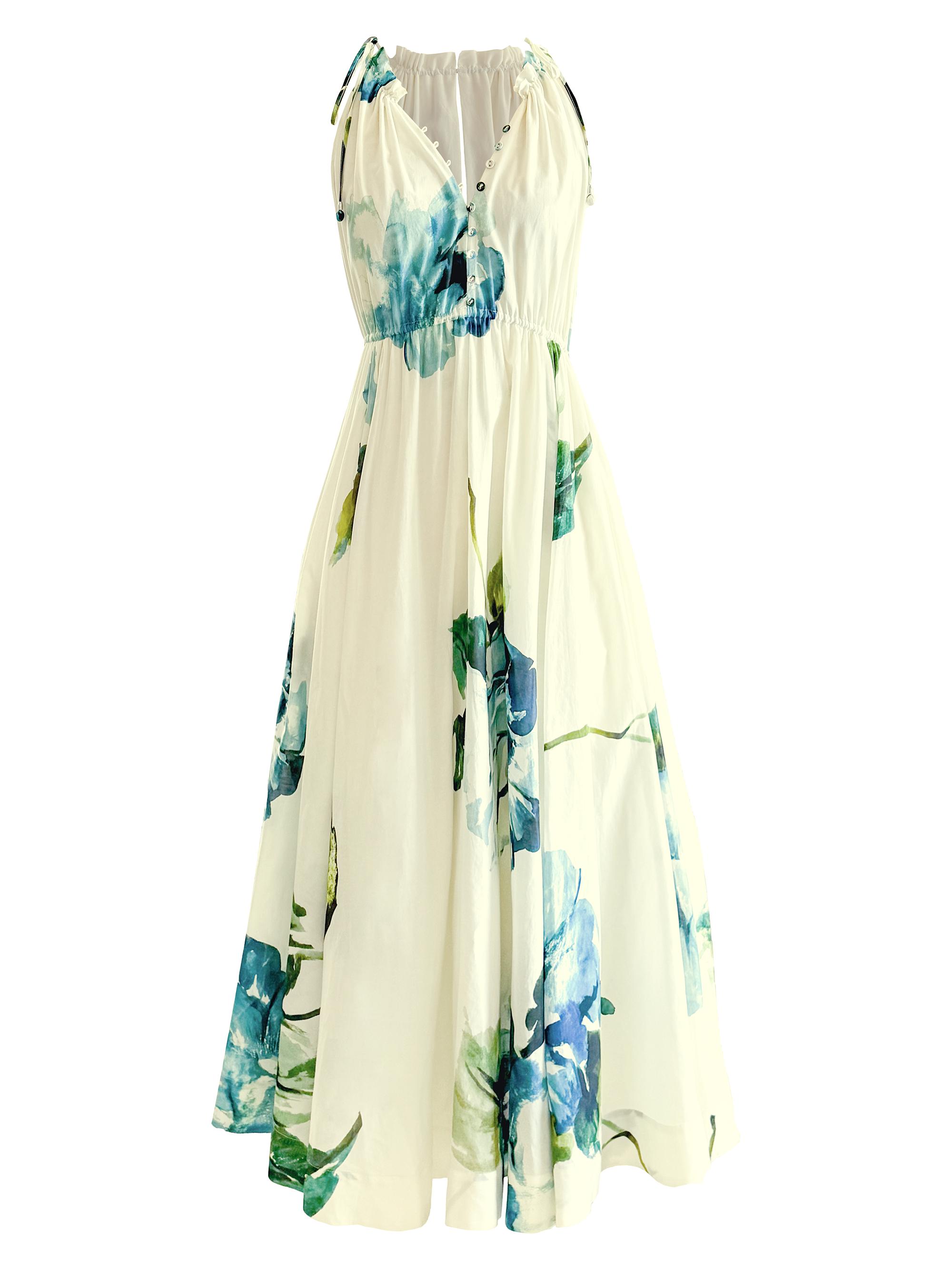 Secret Mission Women's River Floral Drawstring Maxi Dress - Watercolor Blue Floral