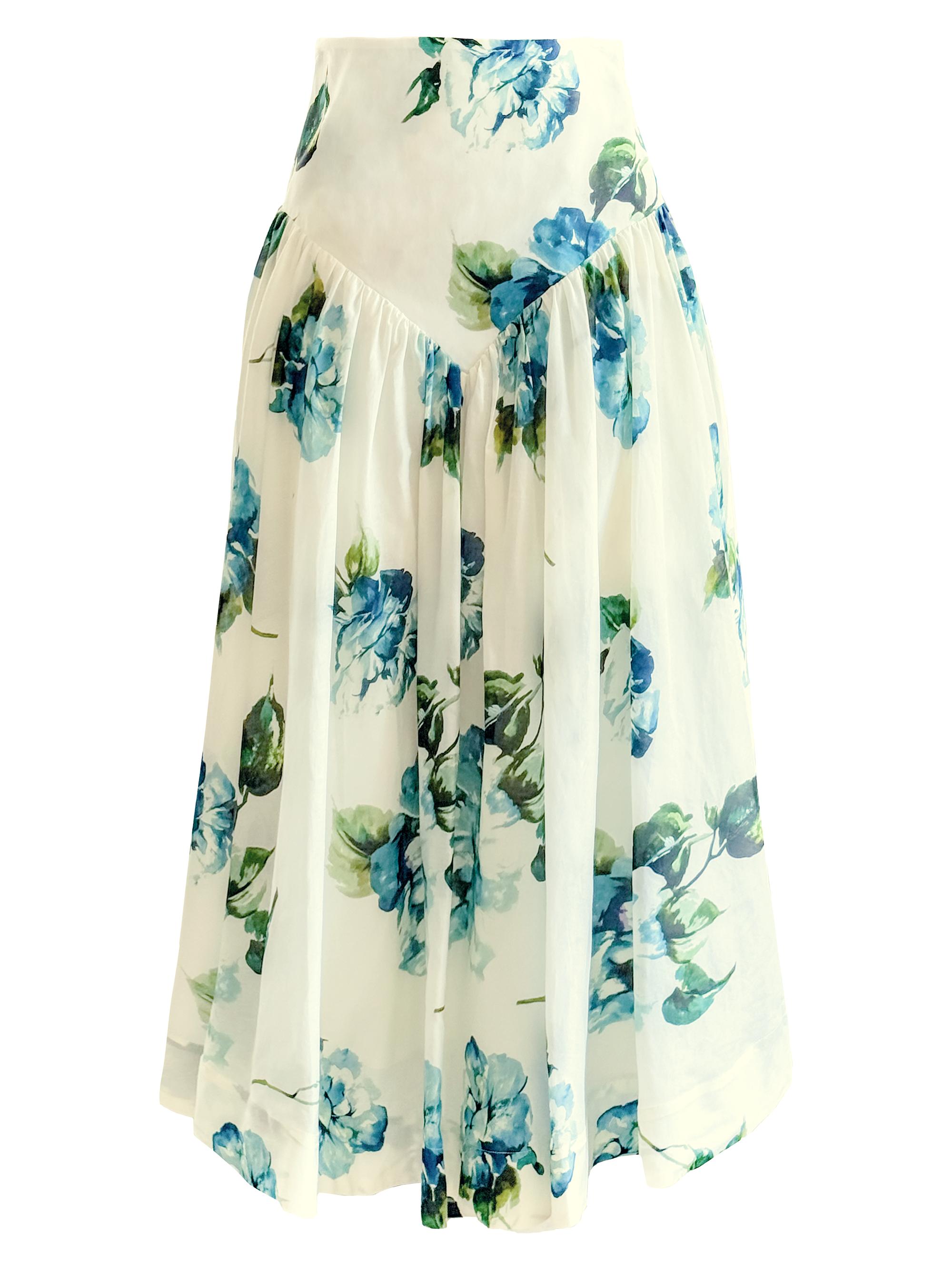 Secret Mission Women's Dell Floral Basque-Waist Midi-Skirt - Watercolor Blue Floral