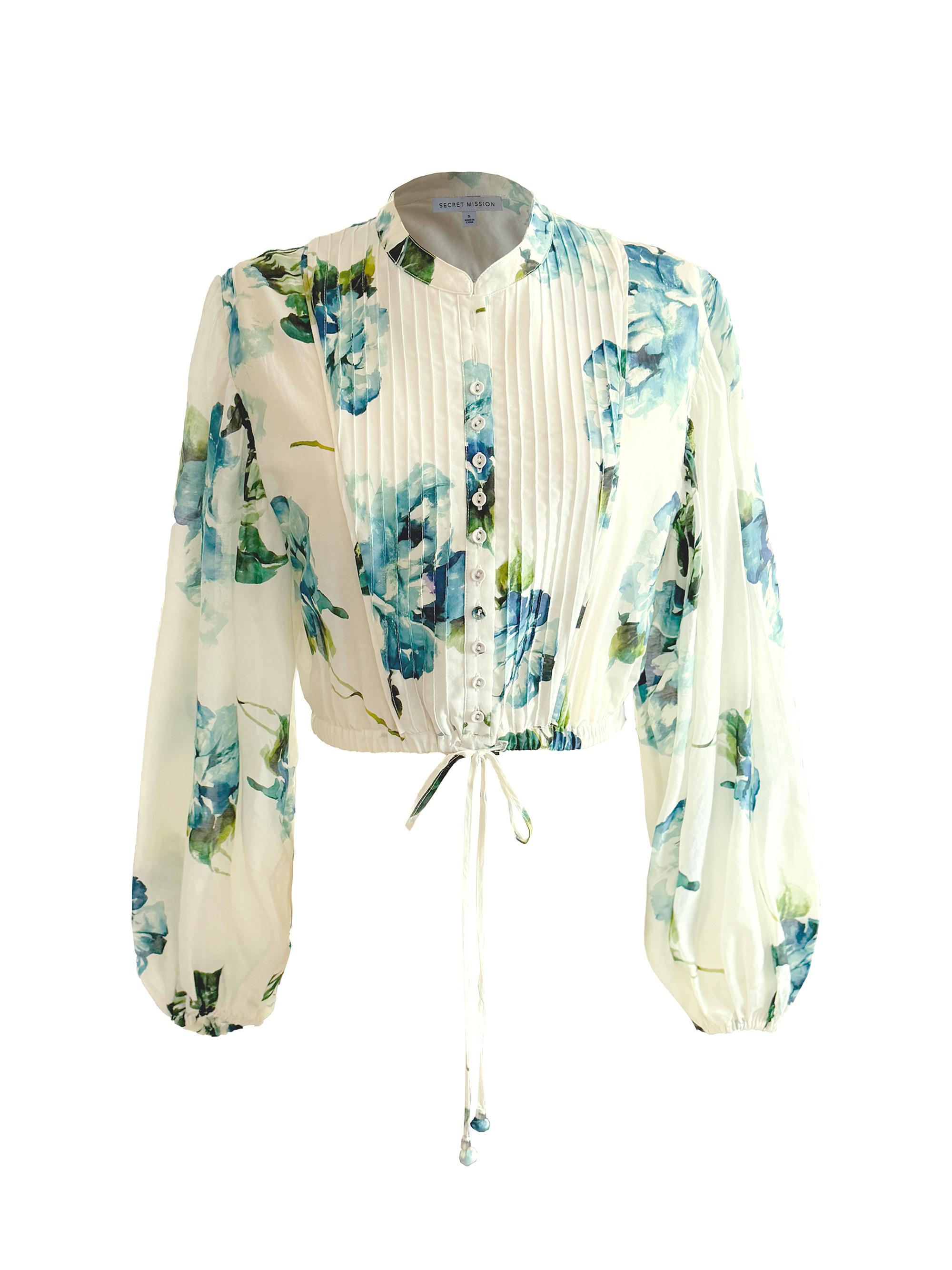 Secret Mission Women's Fields Floral Cotton-Silk Blouse - Watercolor Blue Floral