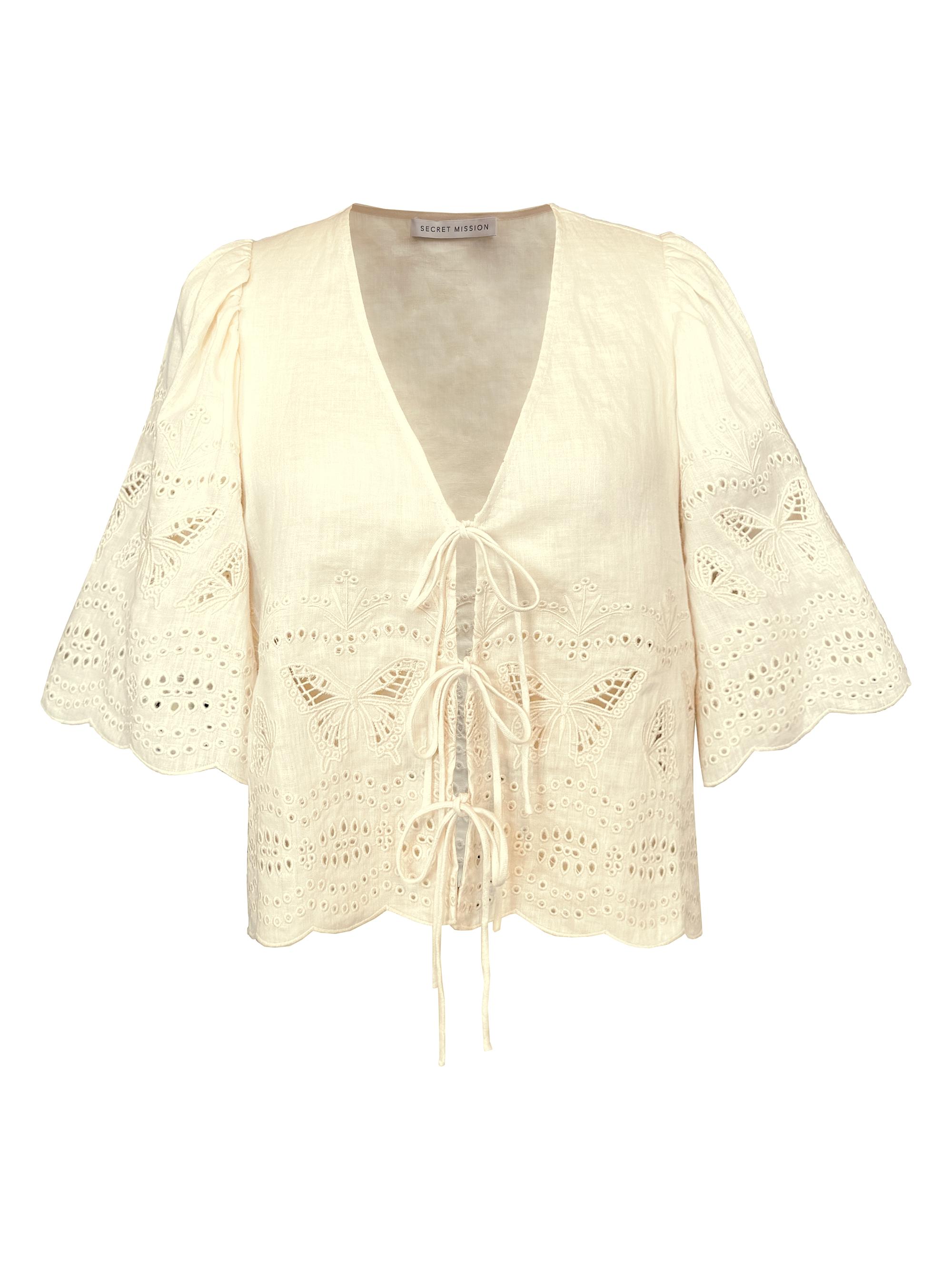 Secret Mission Women's Chelsea Floria Butterfly-Embroidered Linen Top - Antique Creme