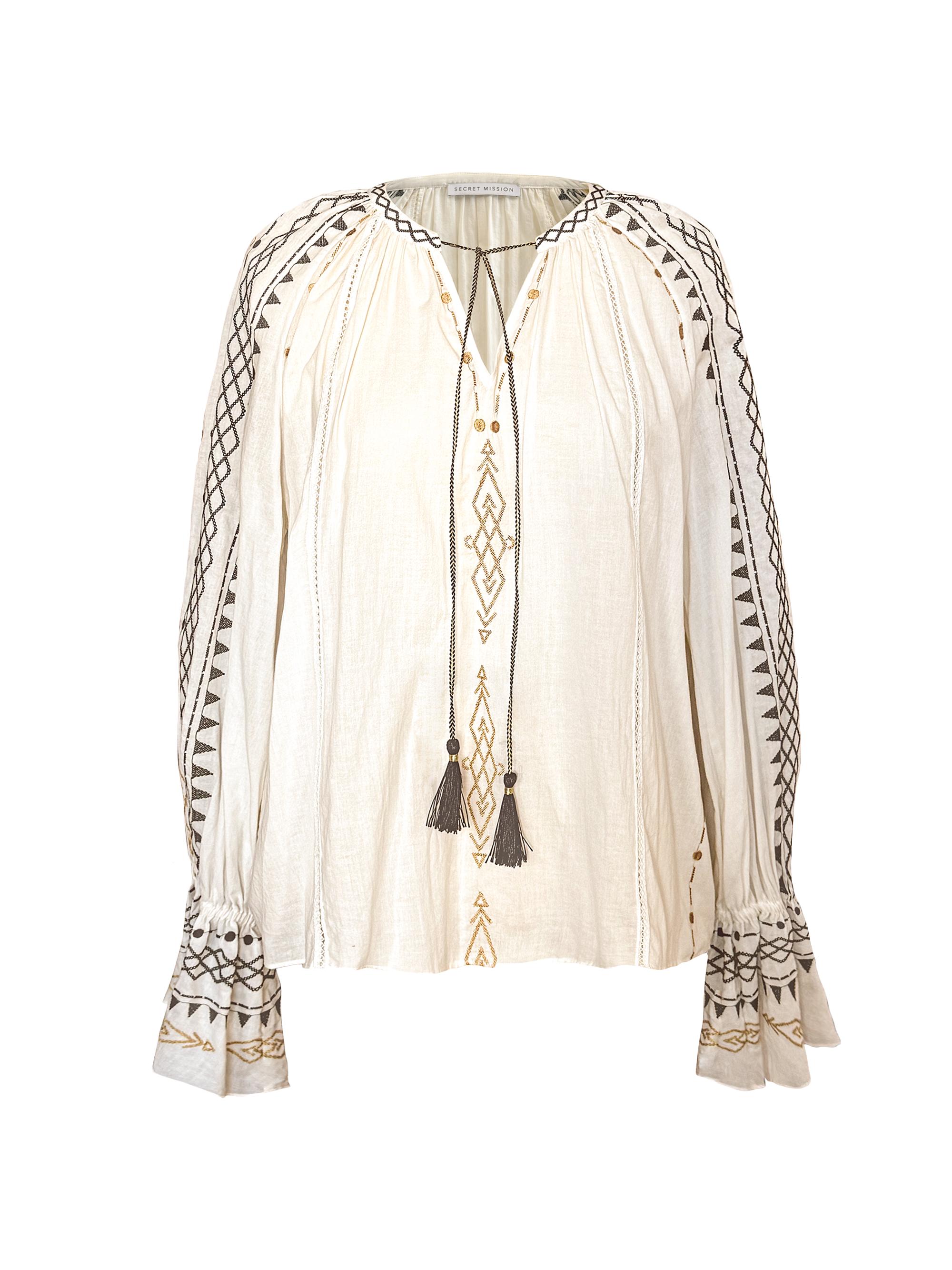 Secret Mission Women's South Hamptom Millie Embroidered Cotton Tieneck Blouse - Antique Creme