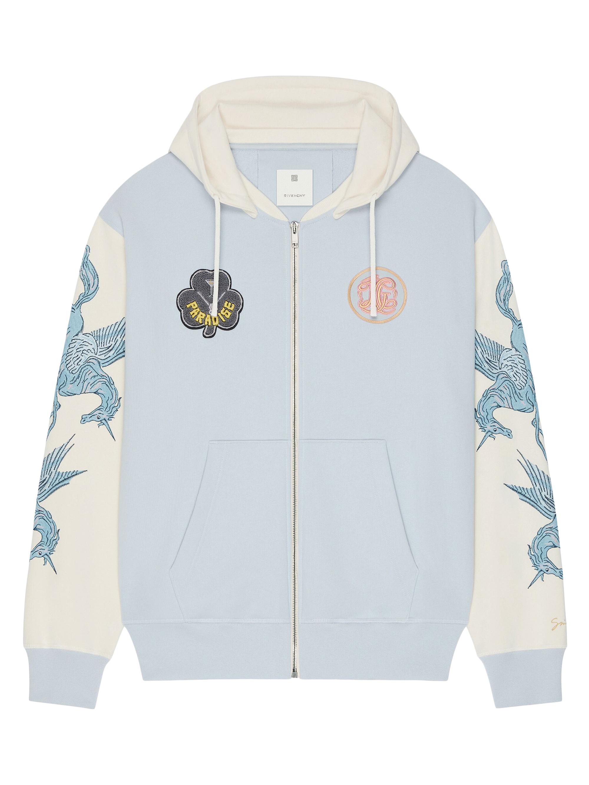 Givenchy Men's Zipped Hoodie in Fleece with Patches and Unicorns - Light Blue