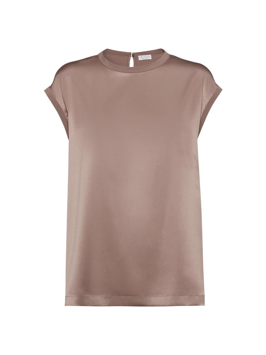 Brunello Cucinelli Stretch Silk Satin T-Shirt with Monili