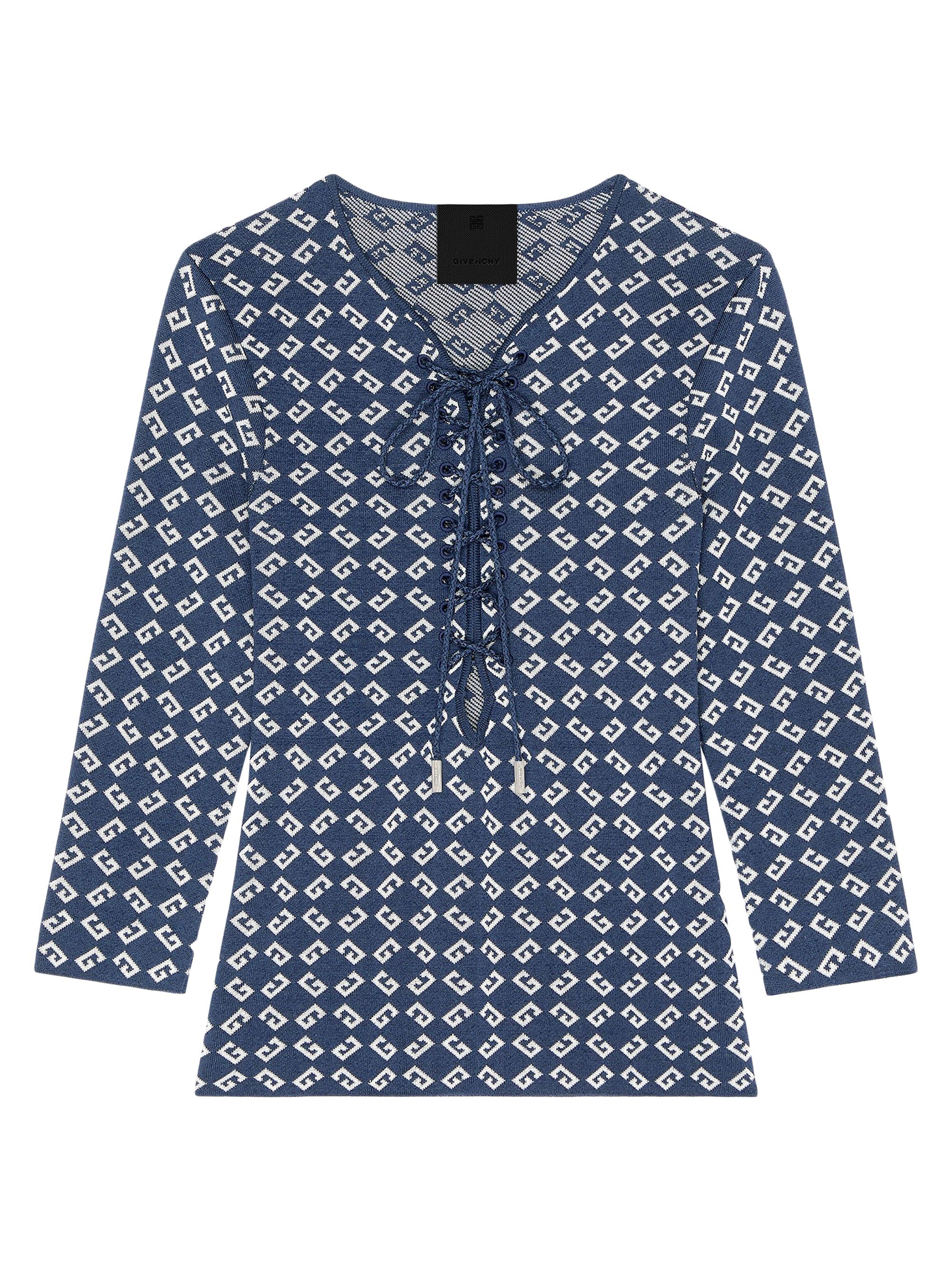 Givenchy Women's Slim Fit Sweater in Monogram 72 Jacquard with Laces - Denim Blue
