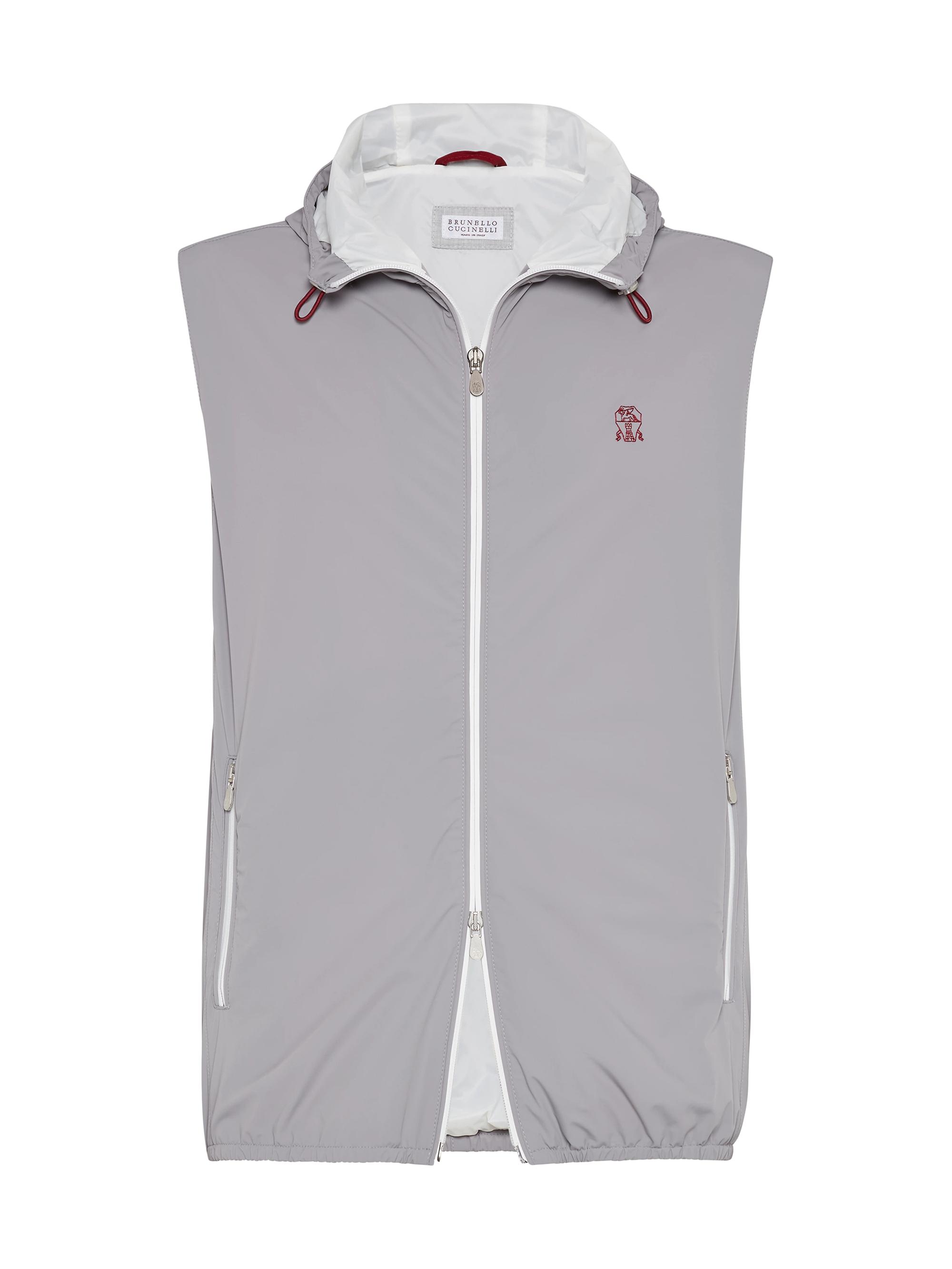 Brunello Cucinelli Men's Bonded Nylon Hooded Vest with Logo - Grey