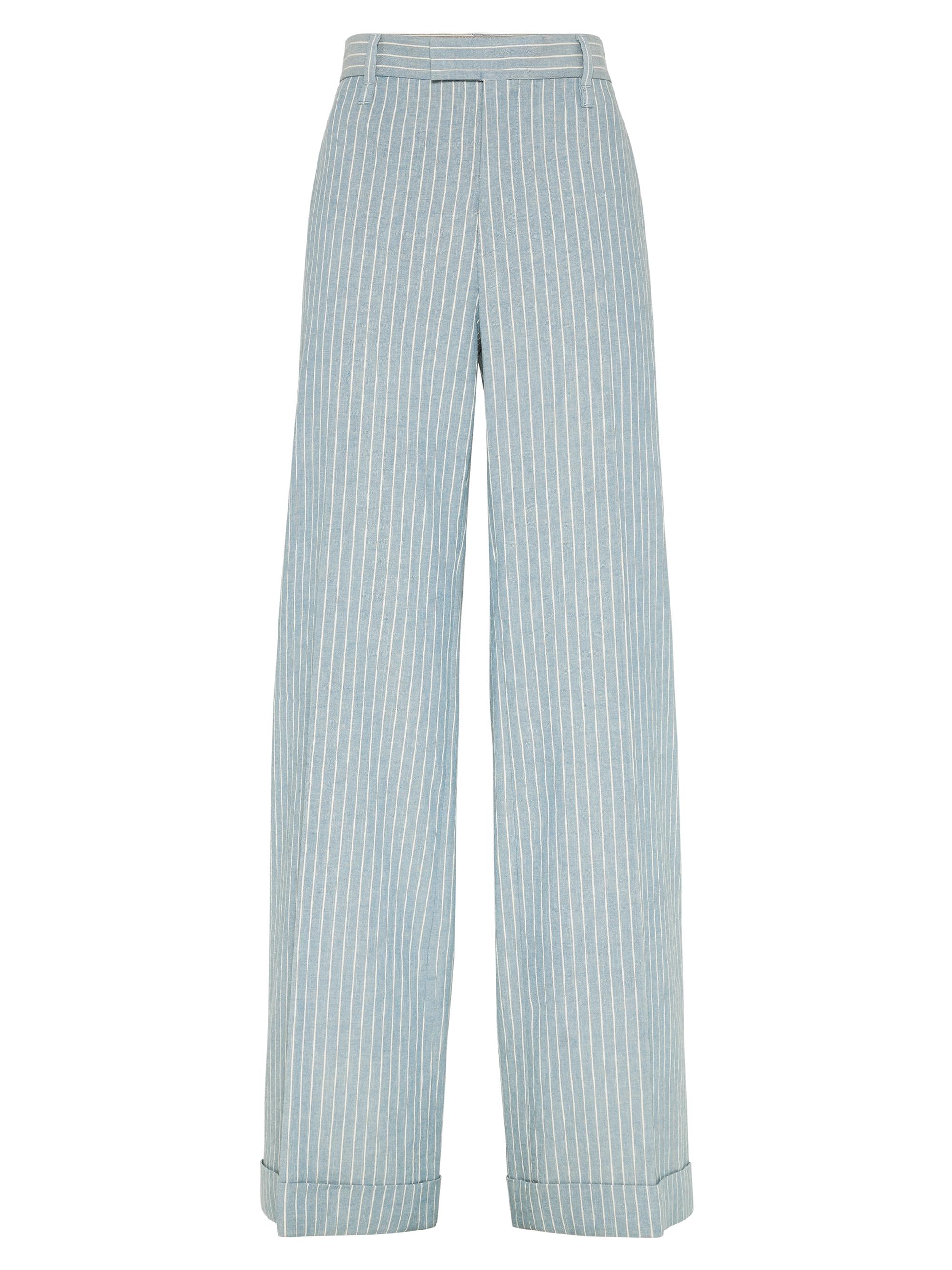 Brunello Cucinelli Women's Linen and Hemp Chalk Stripe Twill Loose Flared Trousers with Monili - Avio Blue