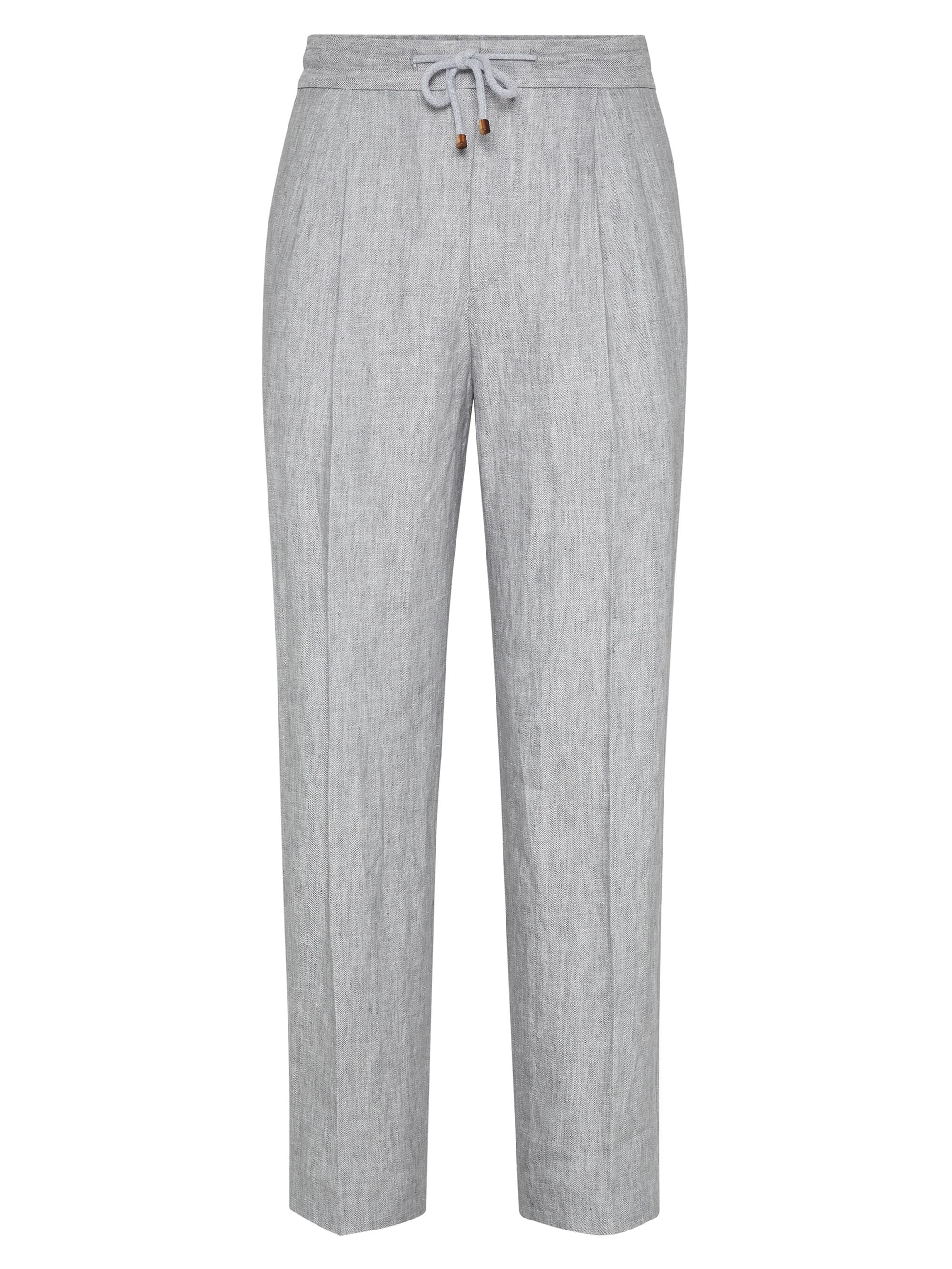 Brunello Cucinelli Men's Chevron Leisure Fit Trousers with Drawstring and Double Pleats - Grey