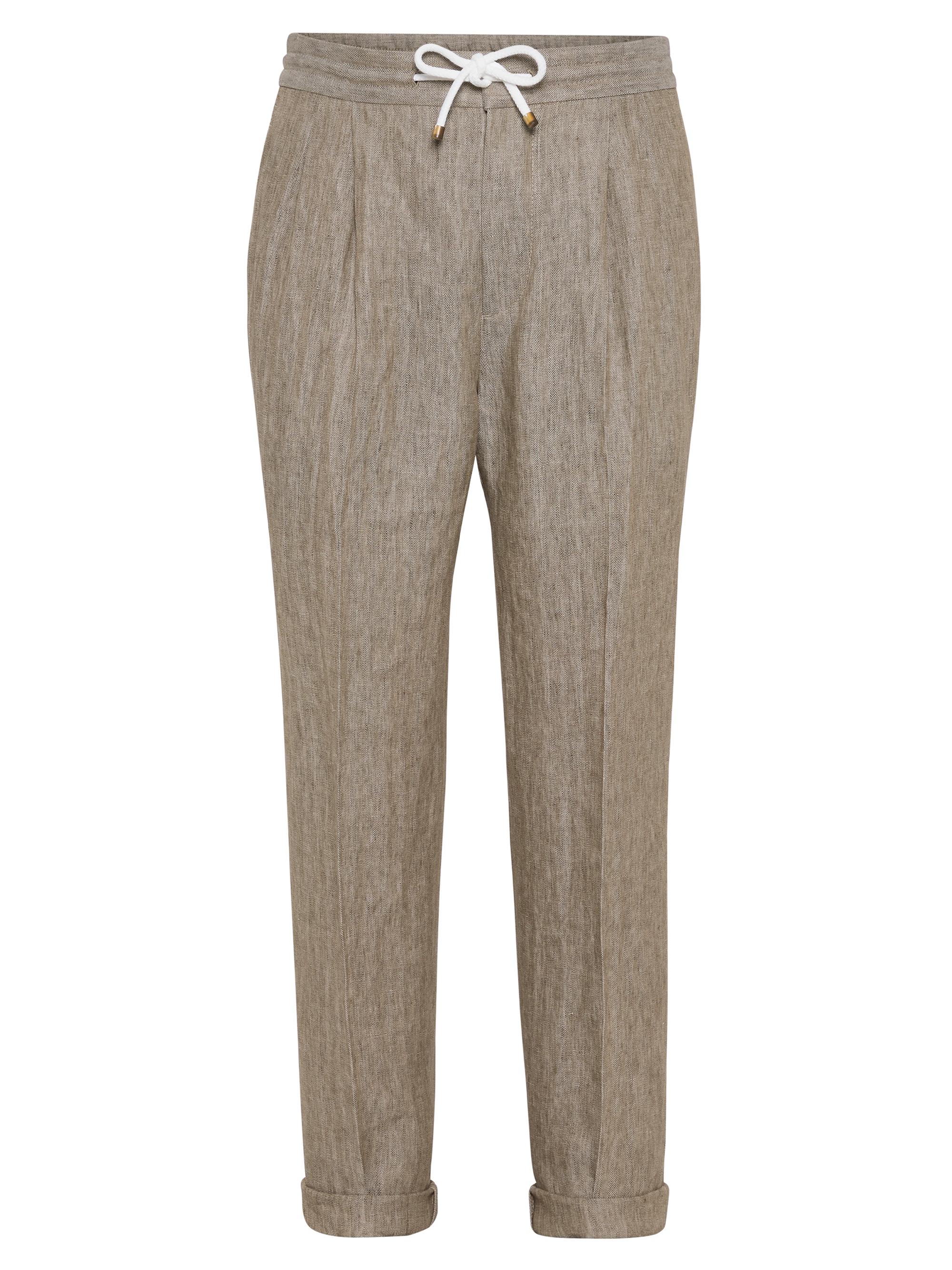 Brunello Cucinelli Men's Délavé Linen Chevron Leisure Fit Trousers - Bark