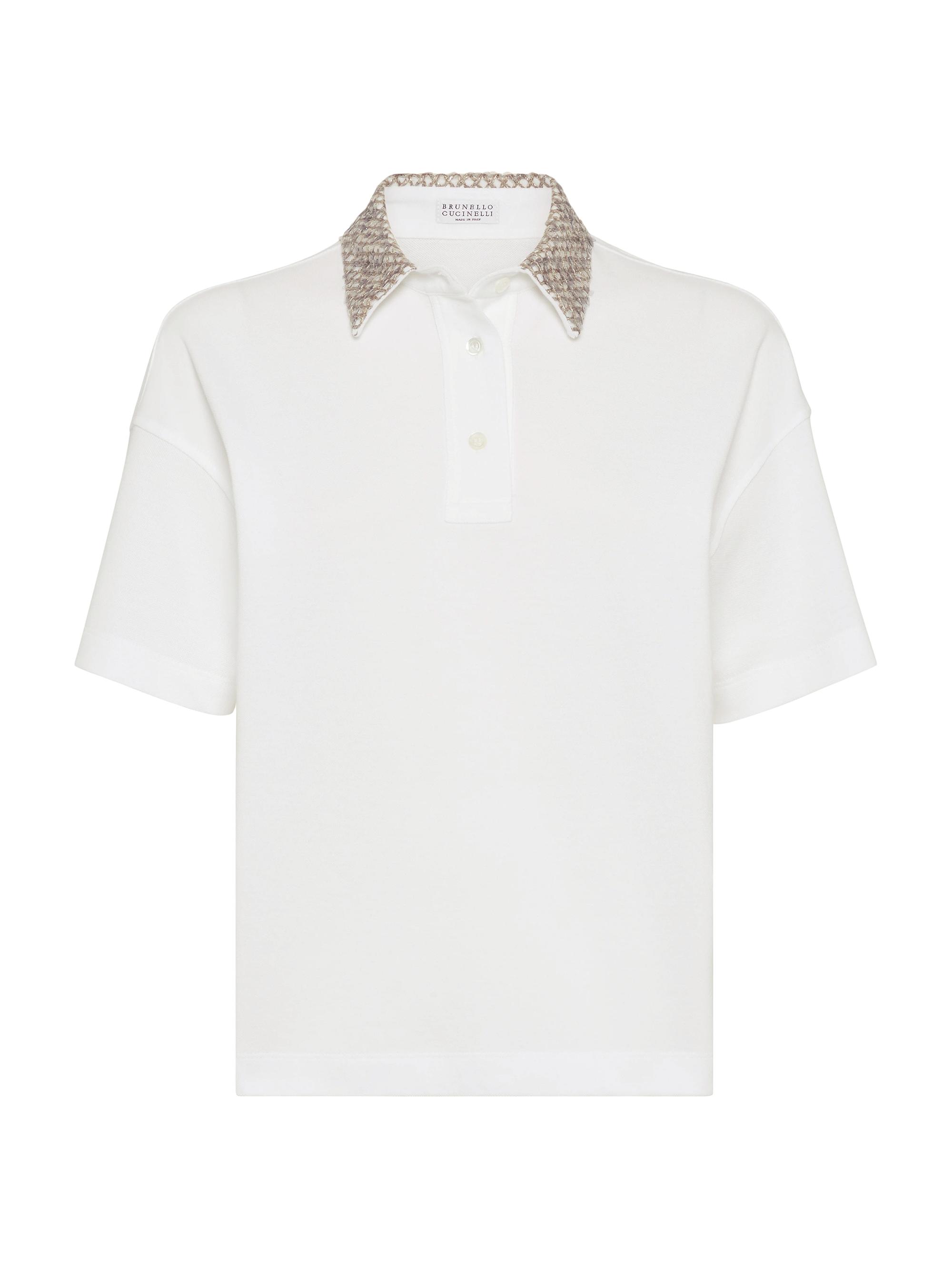 Brunello Cucinelli Women's Cotton Jersey Polo Shirt with Dazzling Net Embroidery Collar - White