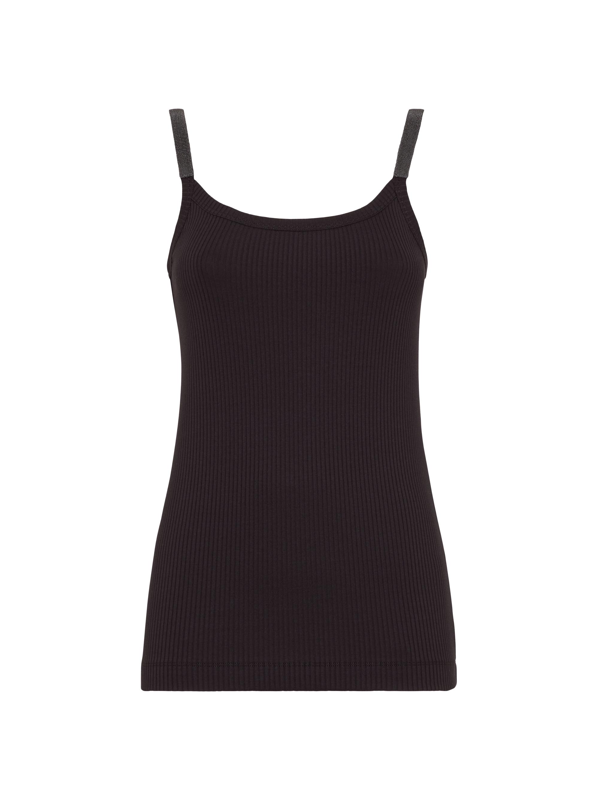 Brunello Cucinelli Women's Stretch Cotton Ribbed Jersey Top with Precious Straps - Black