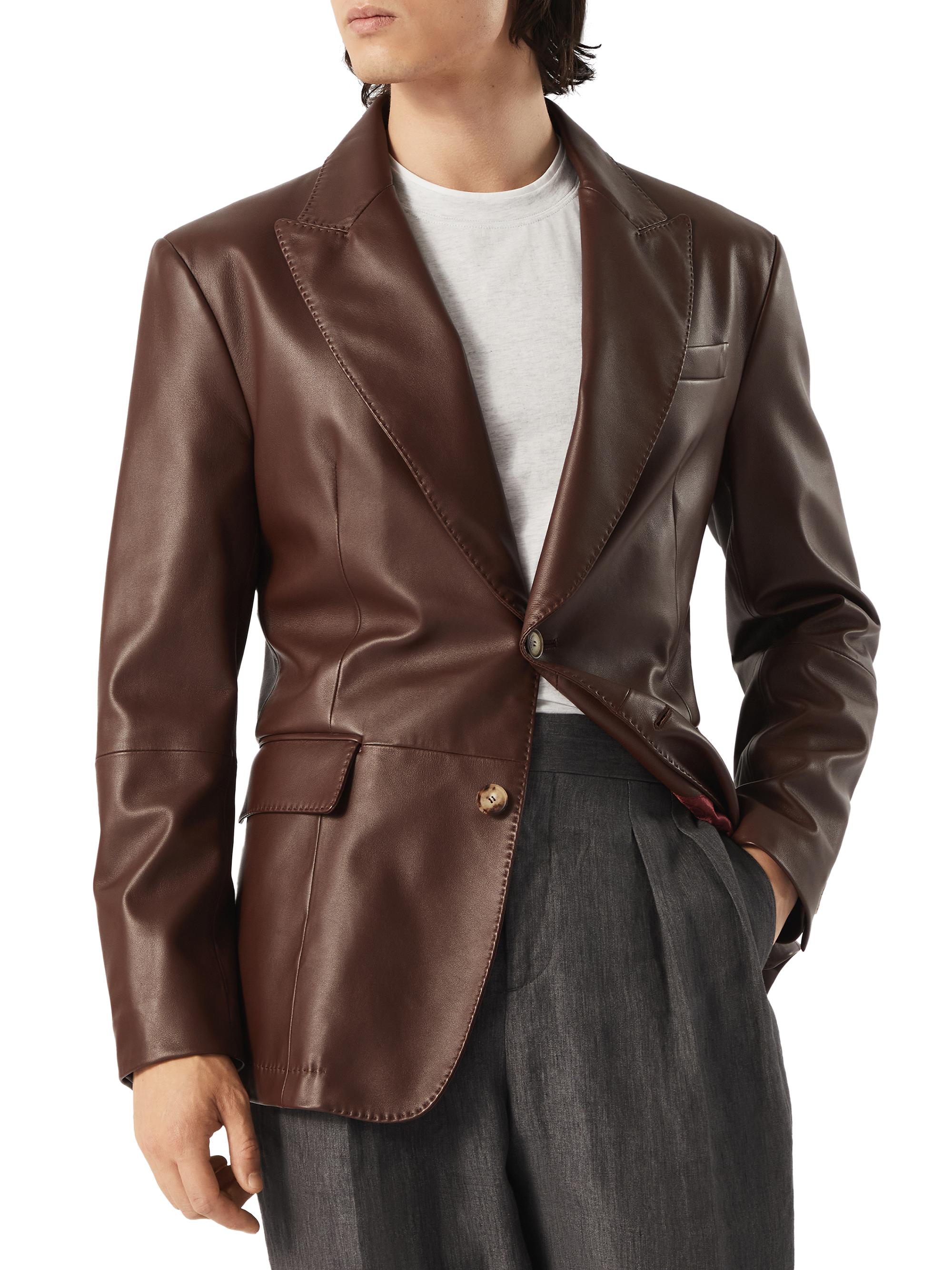 Brunello Cucinelli Men's Polished Nappa Leather Blazer with Peak Lapels - Cocoa