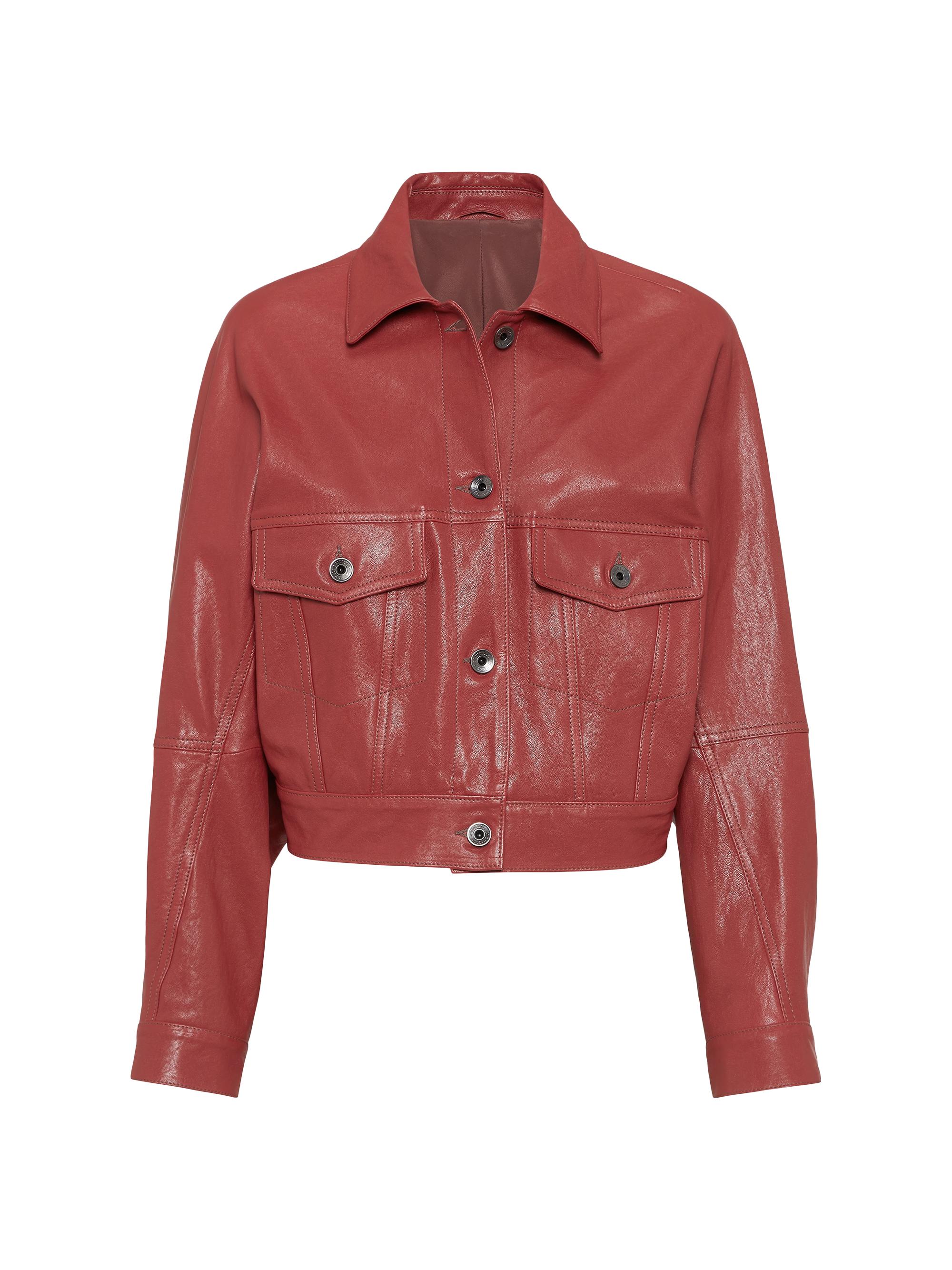 Brunello Cucinelli Women's Polished Leather Outerwear Jacket with Monili - Ruby