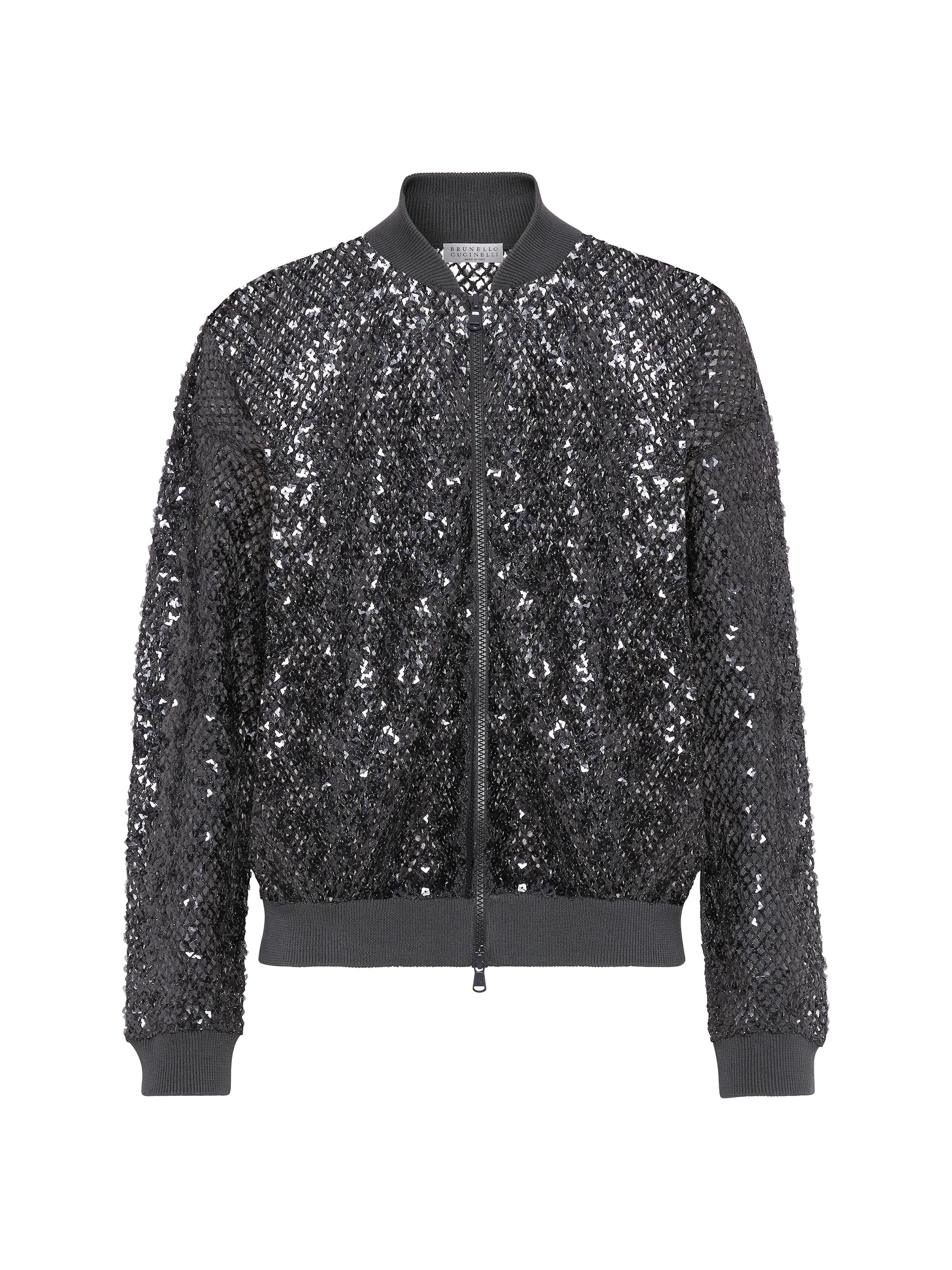 Brunello Cucinelli Women's Dazzling Net Embroidery Cardigan in Linen and Silk - Navy Blue