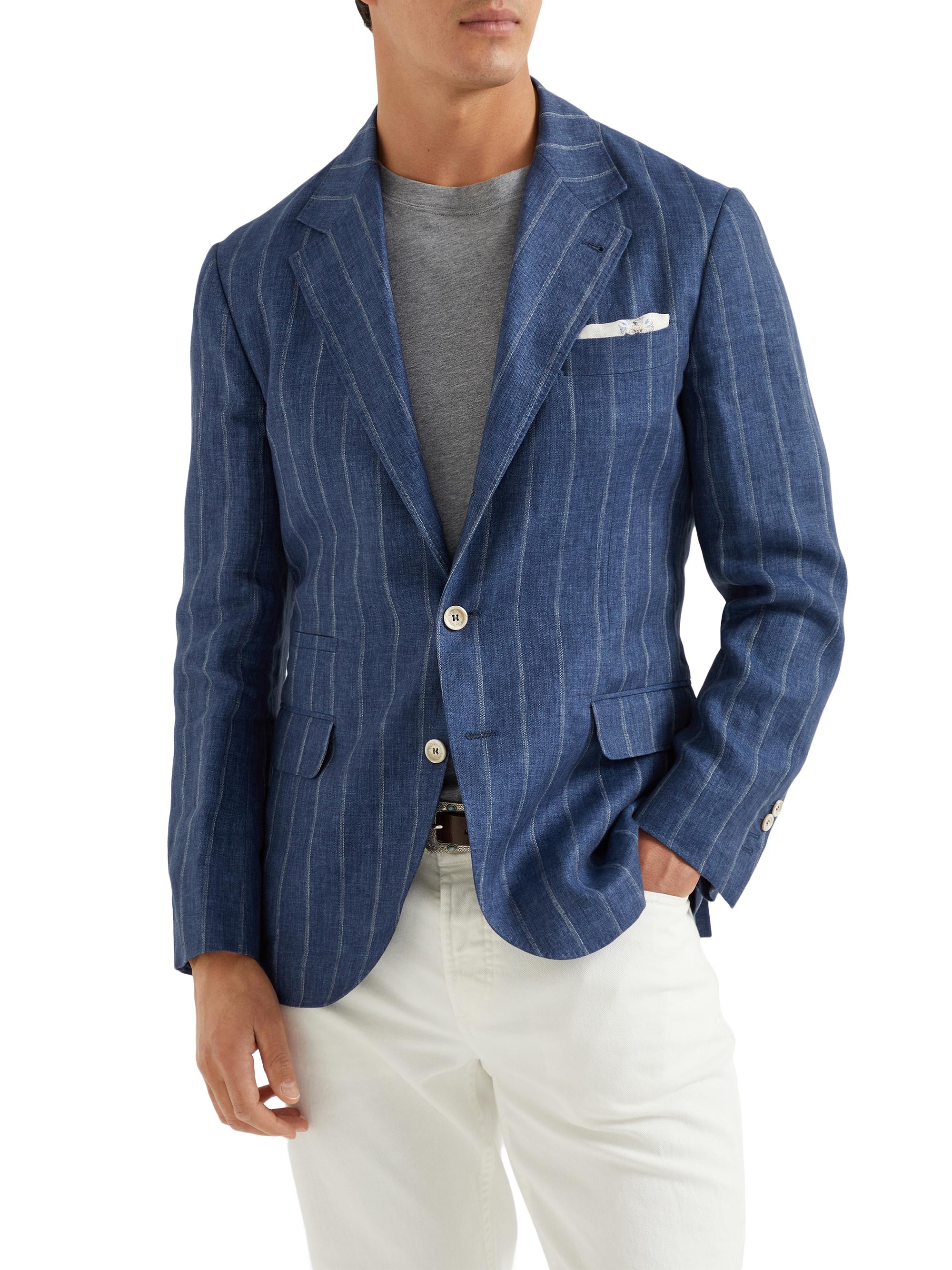 Brunello Cucinelli Men's Linen Dégradé Chalk Stripe Twill Deconstructed Blazer - Denim