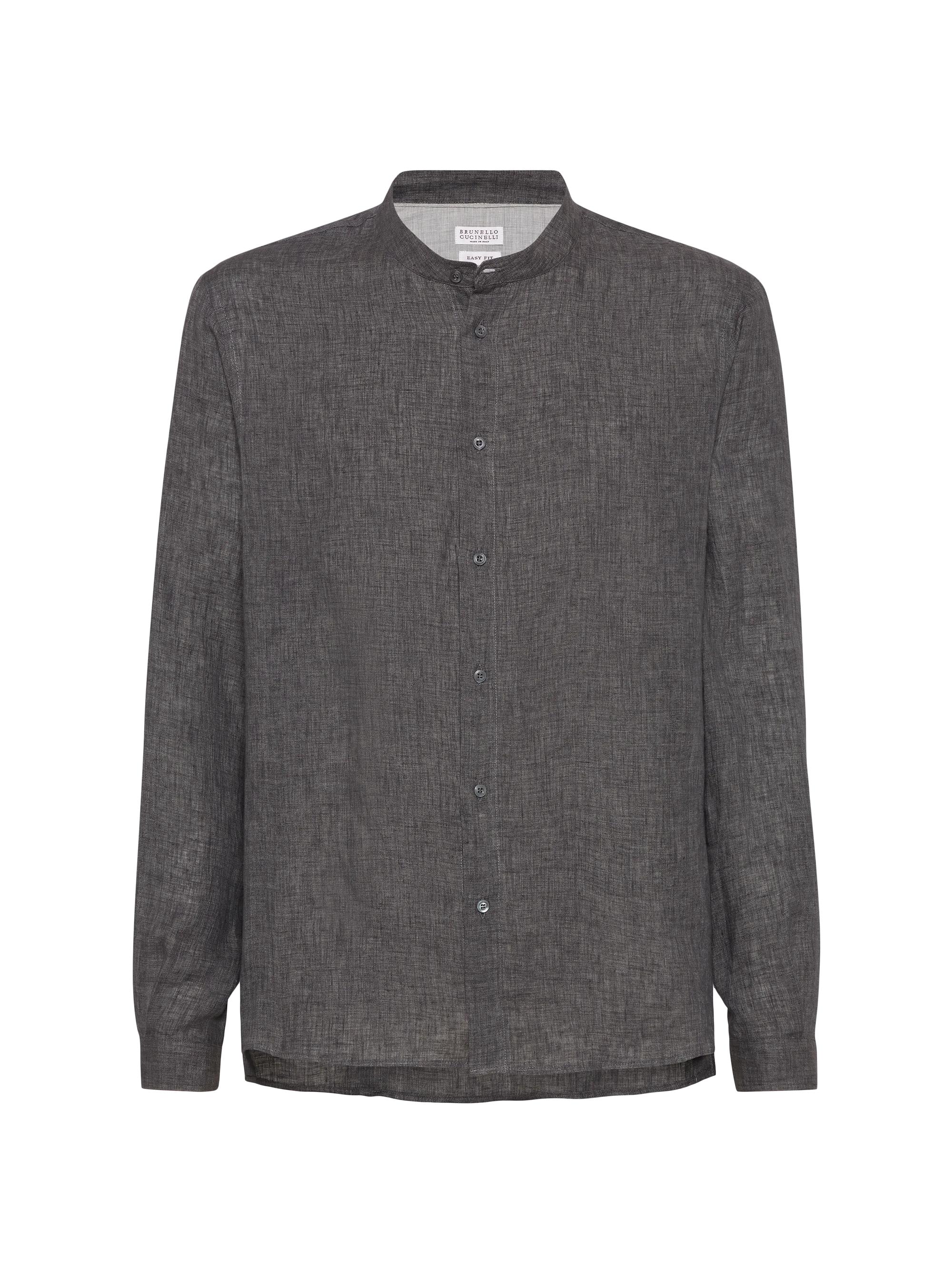 Brunello Cucinelli Men's Linen Easy Fit Shirt with Mandarin Collar - Charcoal