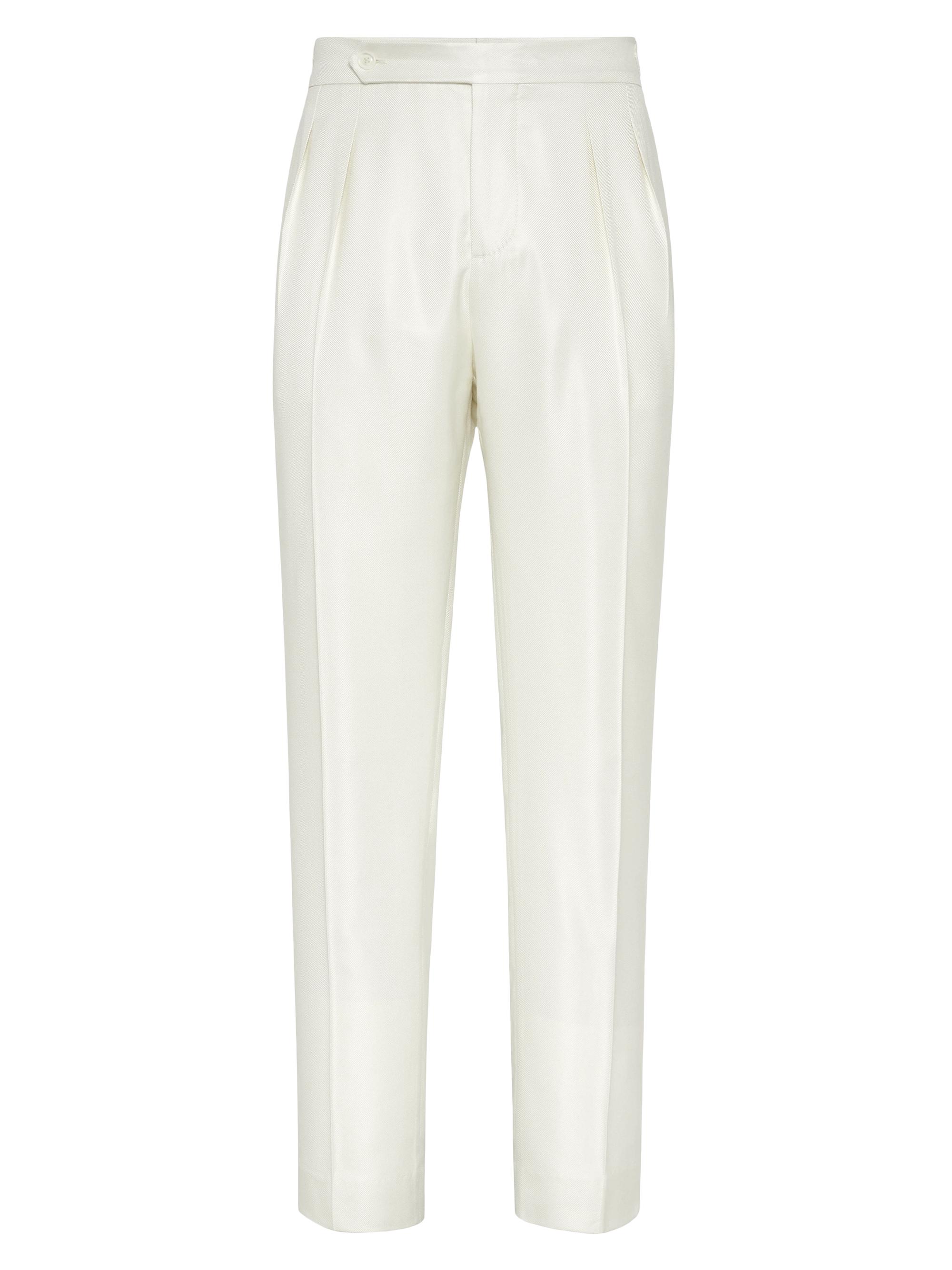 Brunello Cucinelli Men's Tuxedo Trousers with Double Pleats and Tabbed Waistband - Off White