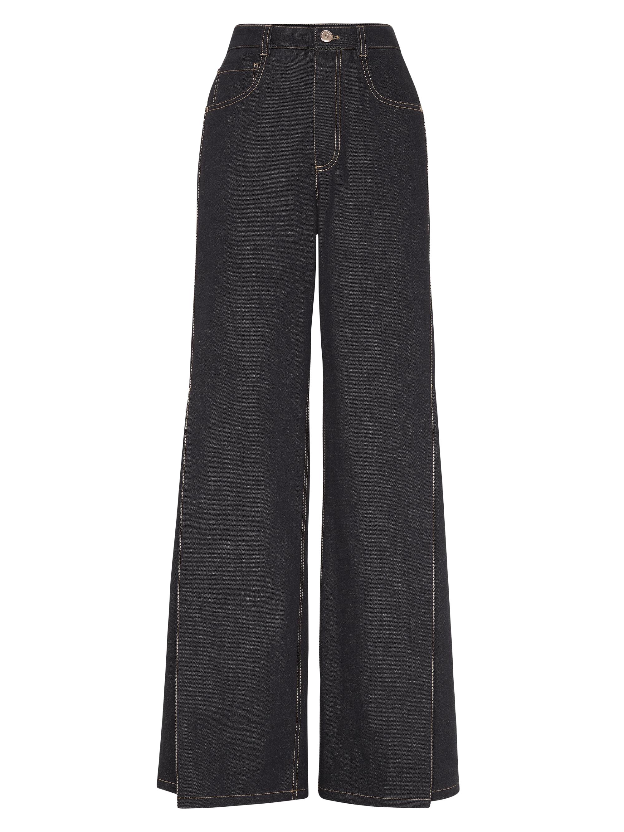 Brunello Cucinelli Women's No Fade Denim Loose Flared Trousers with Monili - Dark Denim