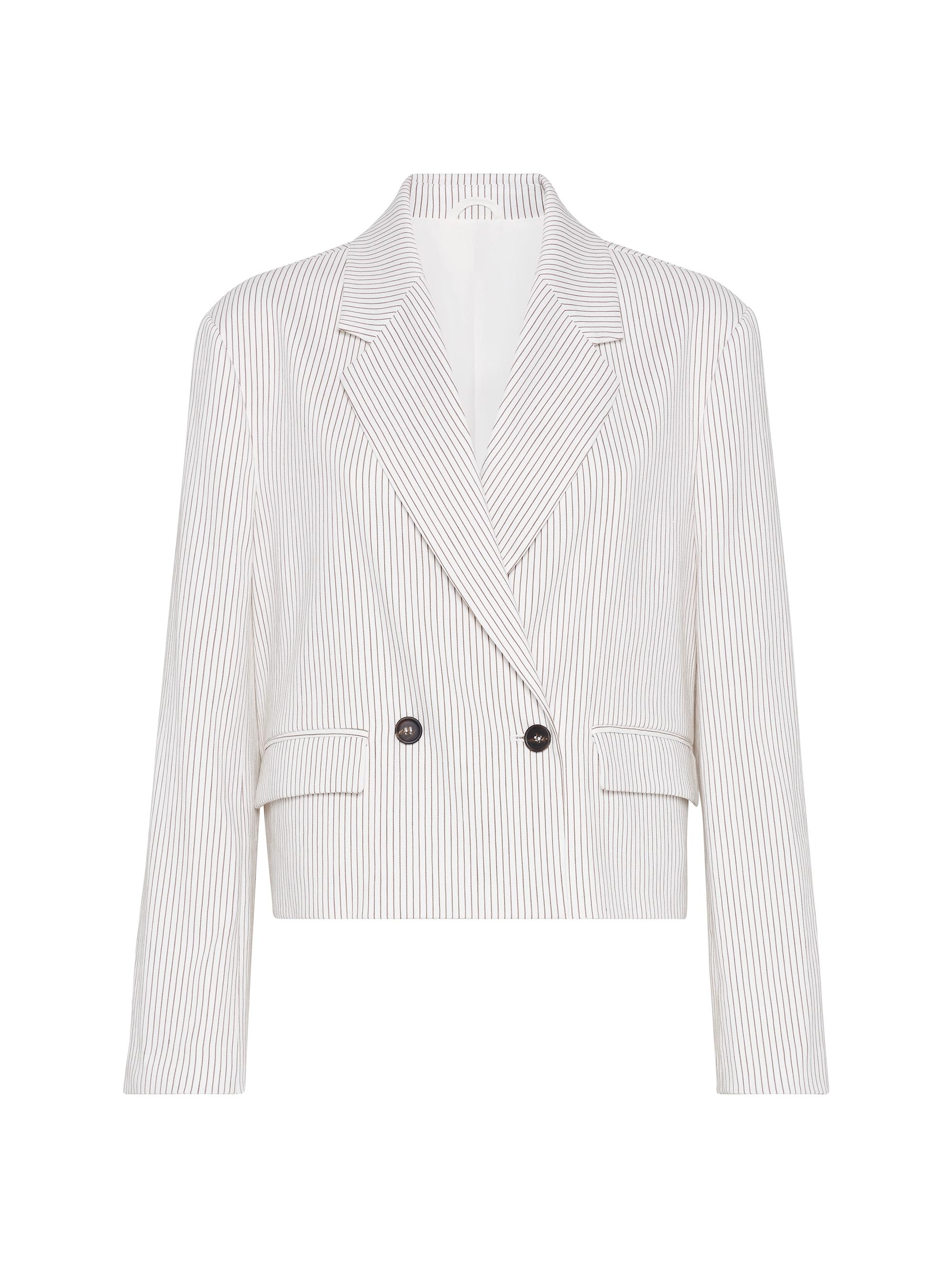 Brunello Cucinelli Women's Comfort Linen and Cotton Chalk Stripe Twill Cropped Blazer with Monili - Tobacco