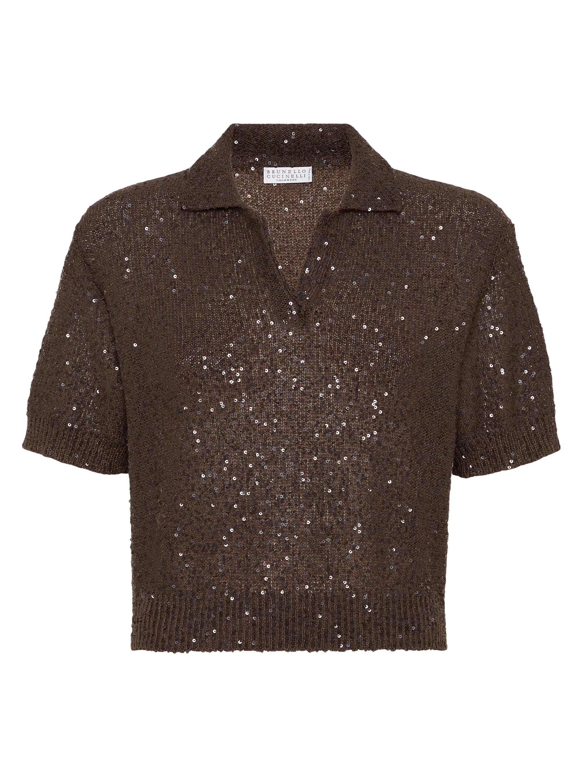 Brunello Cucinelli Women's Linen, Cashmere and Silk Dazzling Texture Knit Polo Shirt - Chocolate