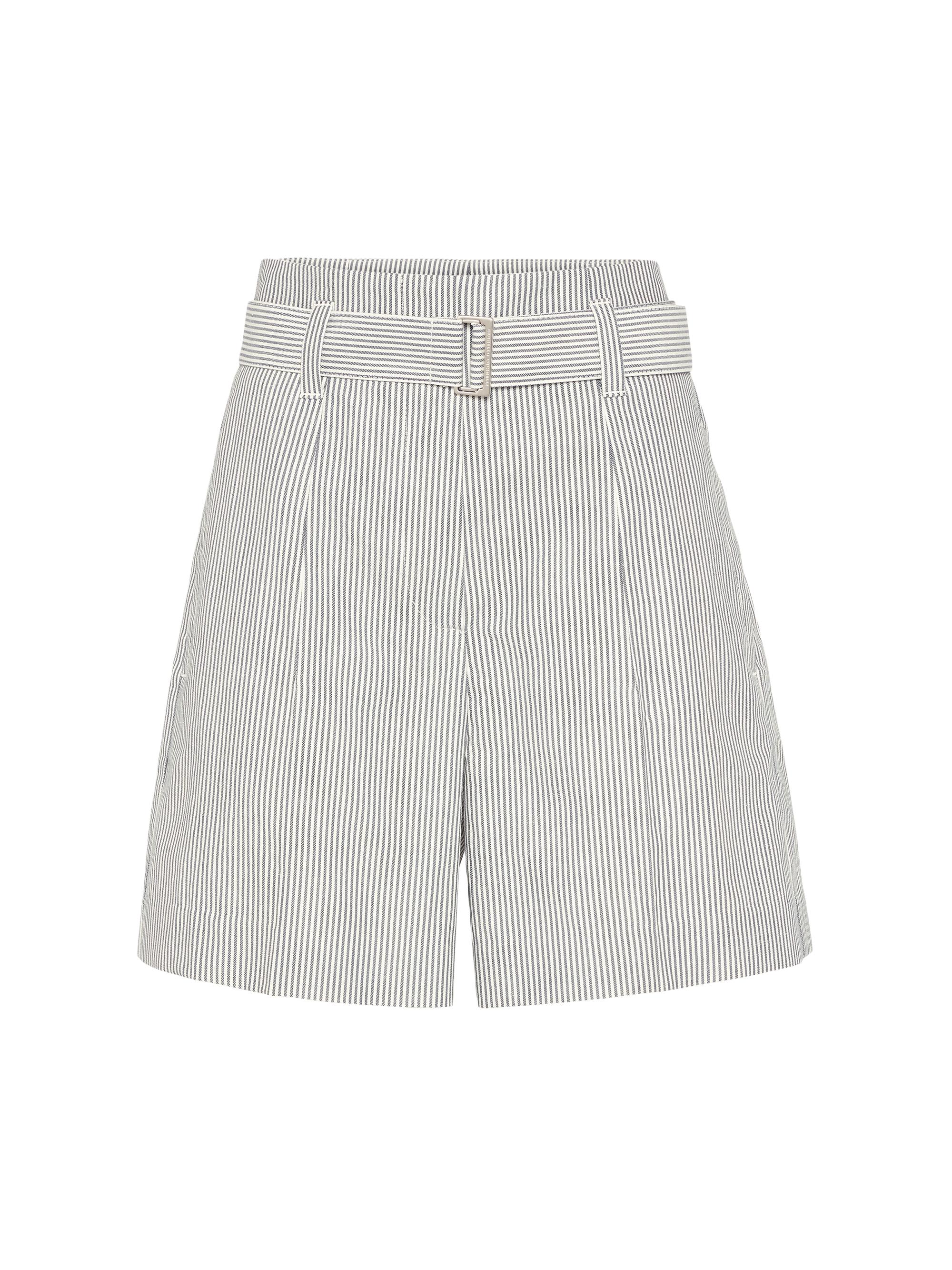 Brunello Cucinelli Women's Striped Cotton and Linen Twill Formal Bermuda Shorts with Monili - Blue