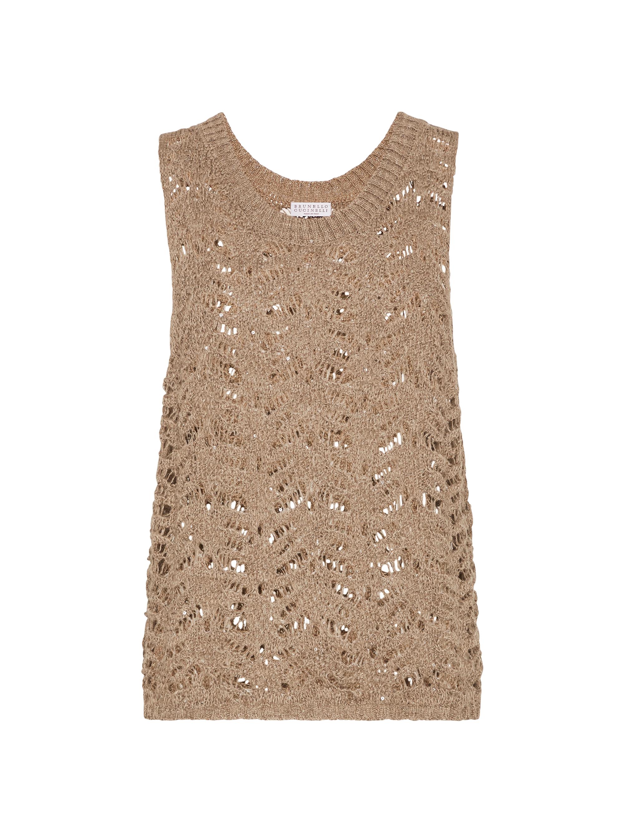 Brunello Cucinelli Women's Foliage Lace Knit Top in Linen and Silk Diamond Yarn - Light Brown