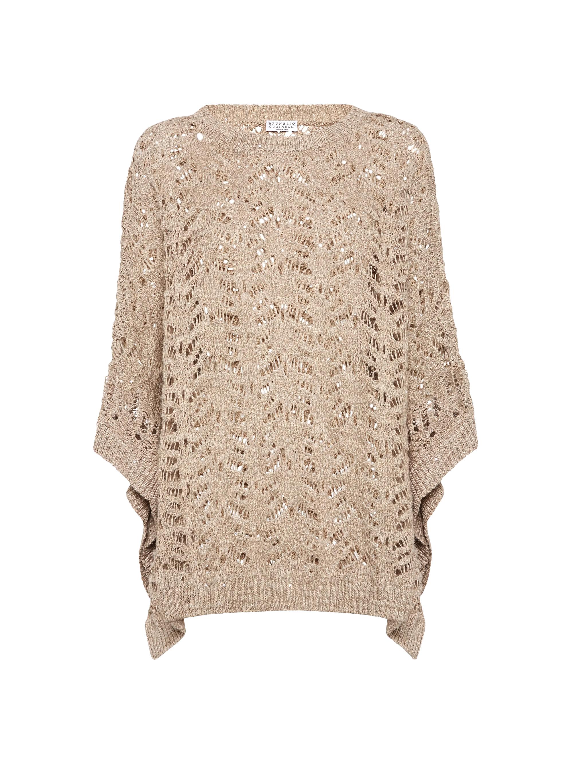 Brunello Cucinelli Women's Foliage Lace Knit Poncho in Linen and Silk Diamond Yarn - Beige