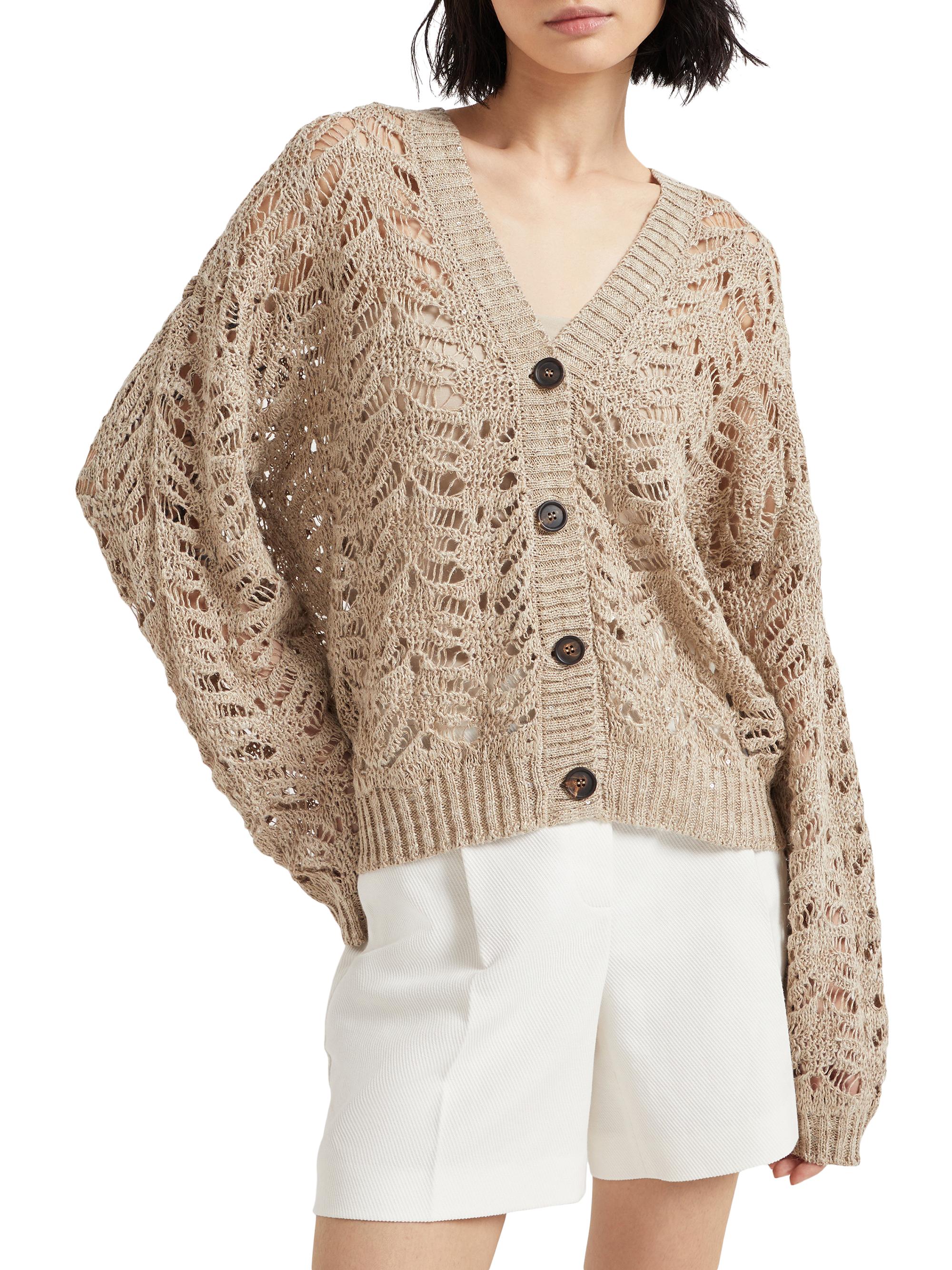 ✨BRUNELLO CUCINELLI スパンコールリネン混カーディガン Brunello Cucinelli Foliage Lace Cardigan in Linen and Silk