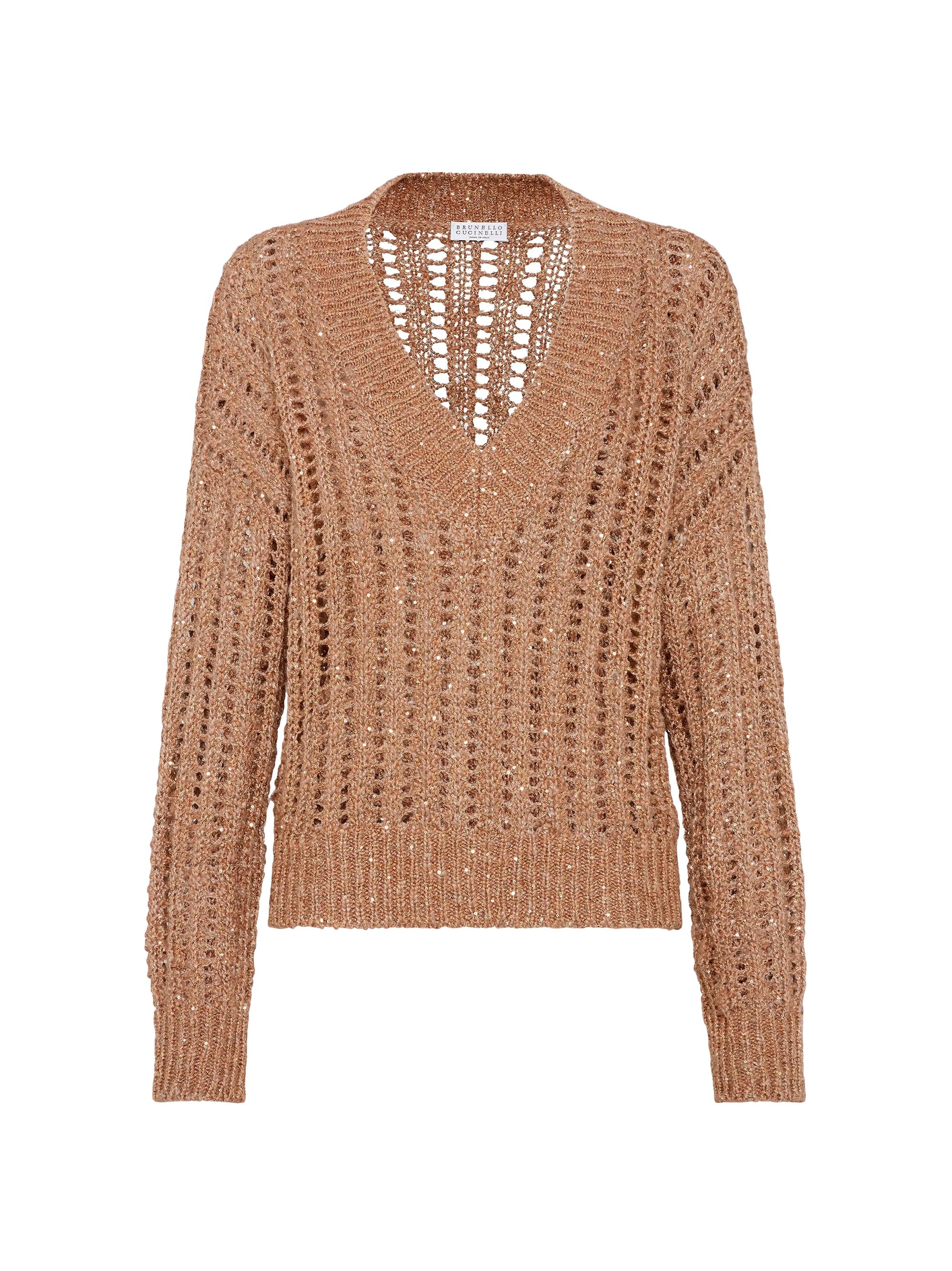 Brunello Cucinelli Women's Dazzling Silk and Linen Openwork Rib Sweater - Rust Brown