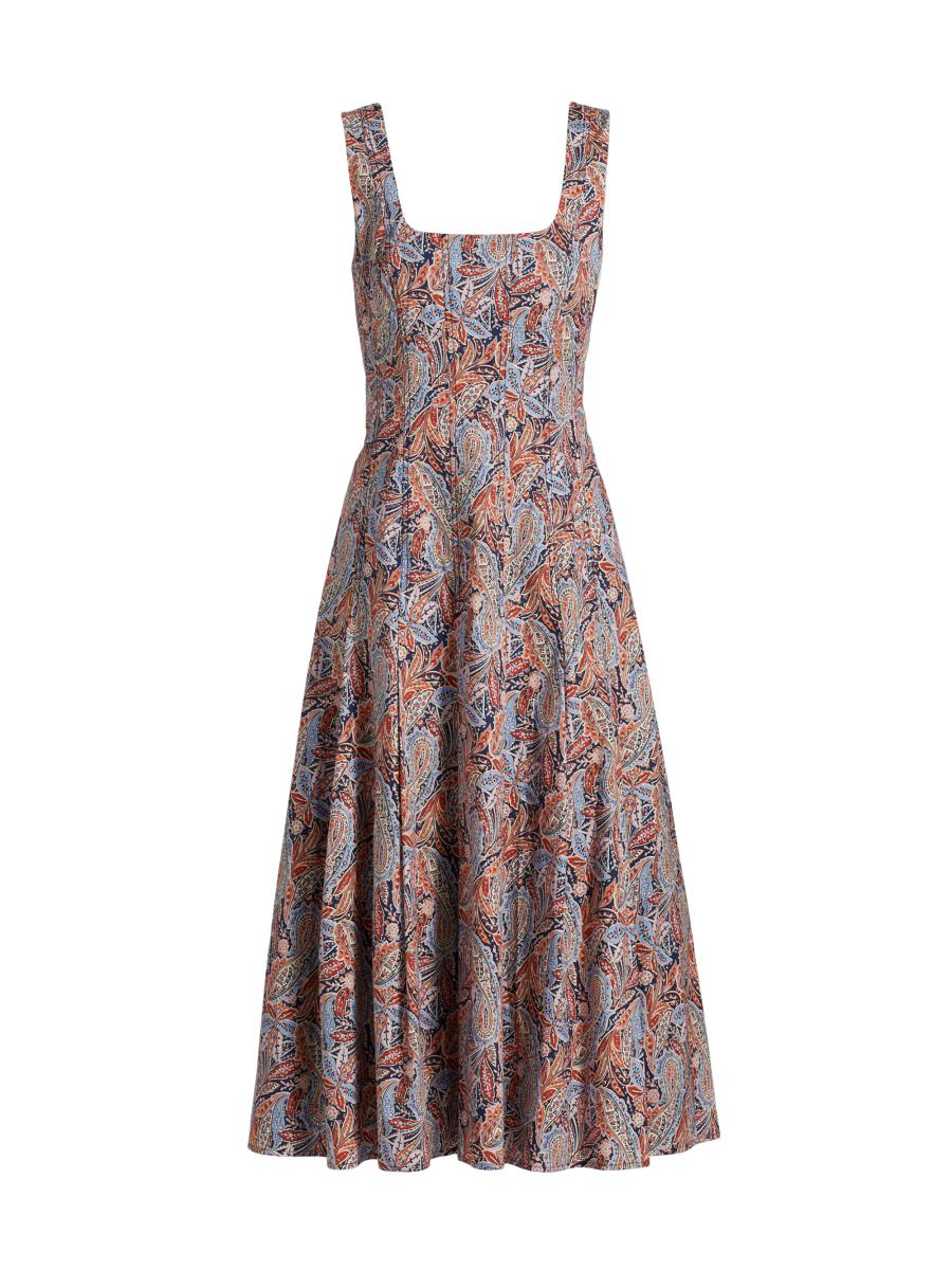 Veronica Beard Jolie Pleated Paisley Stretch Cotton Midi