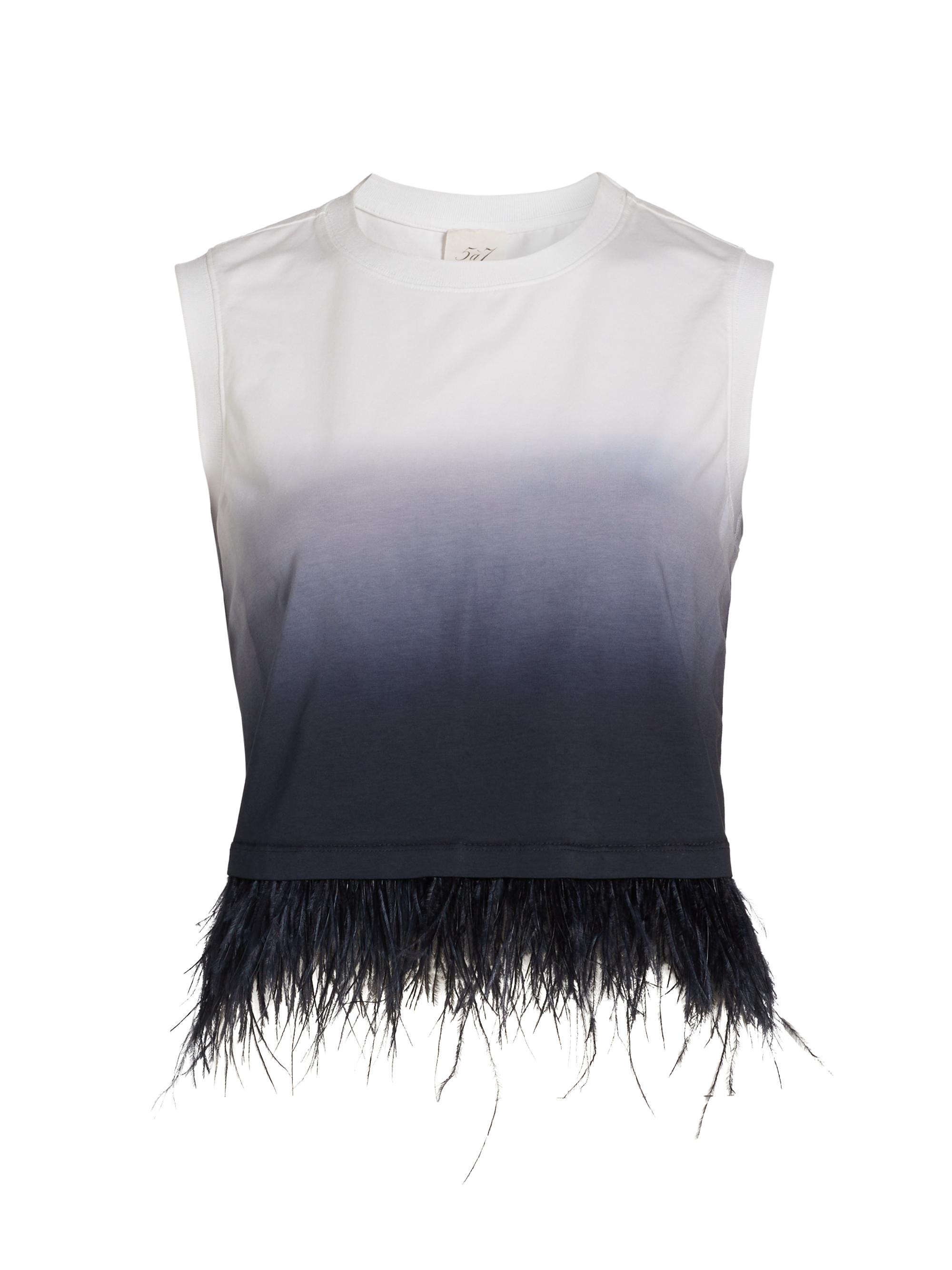 Cinq à Sept Women's Dégradé Feather-Trim Stretch-Cotton Crop T-Shirt - White Navy