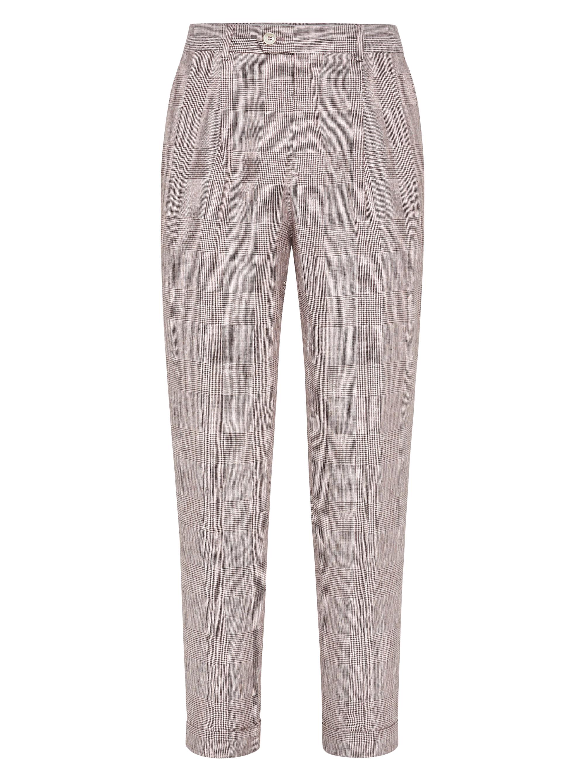 Brunello Cucinelli Men's Prince Of Wales Leisure Fit Trousers with Pleat - Grey