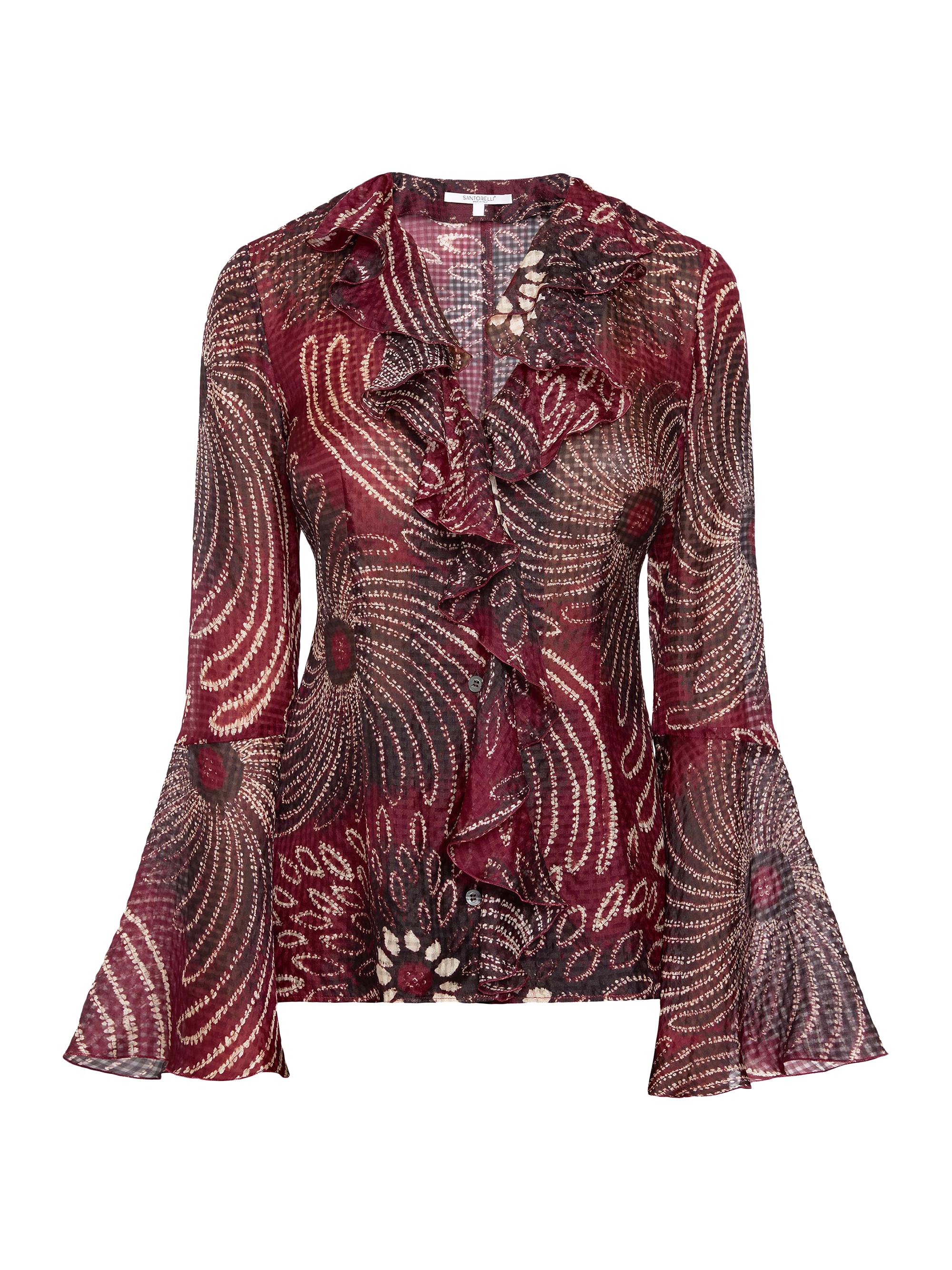 Santorelli Women's Floral Georgette Ruffle Blouse - Cherry Cola