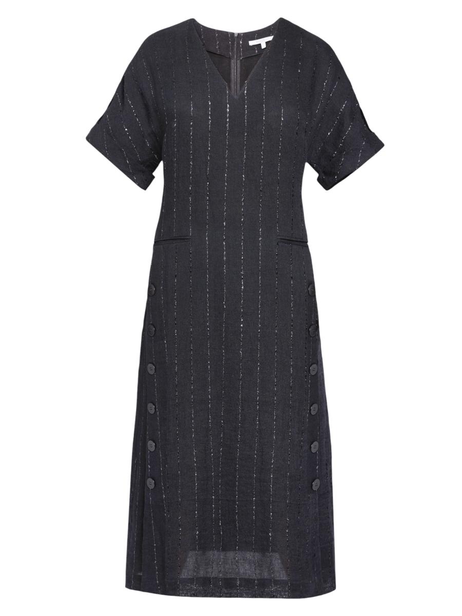 Santorelli Women's Striped Linen-blend A-line Midi-dress In Black