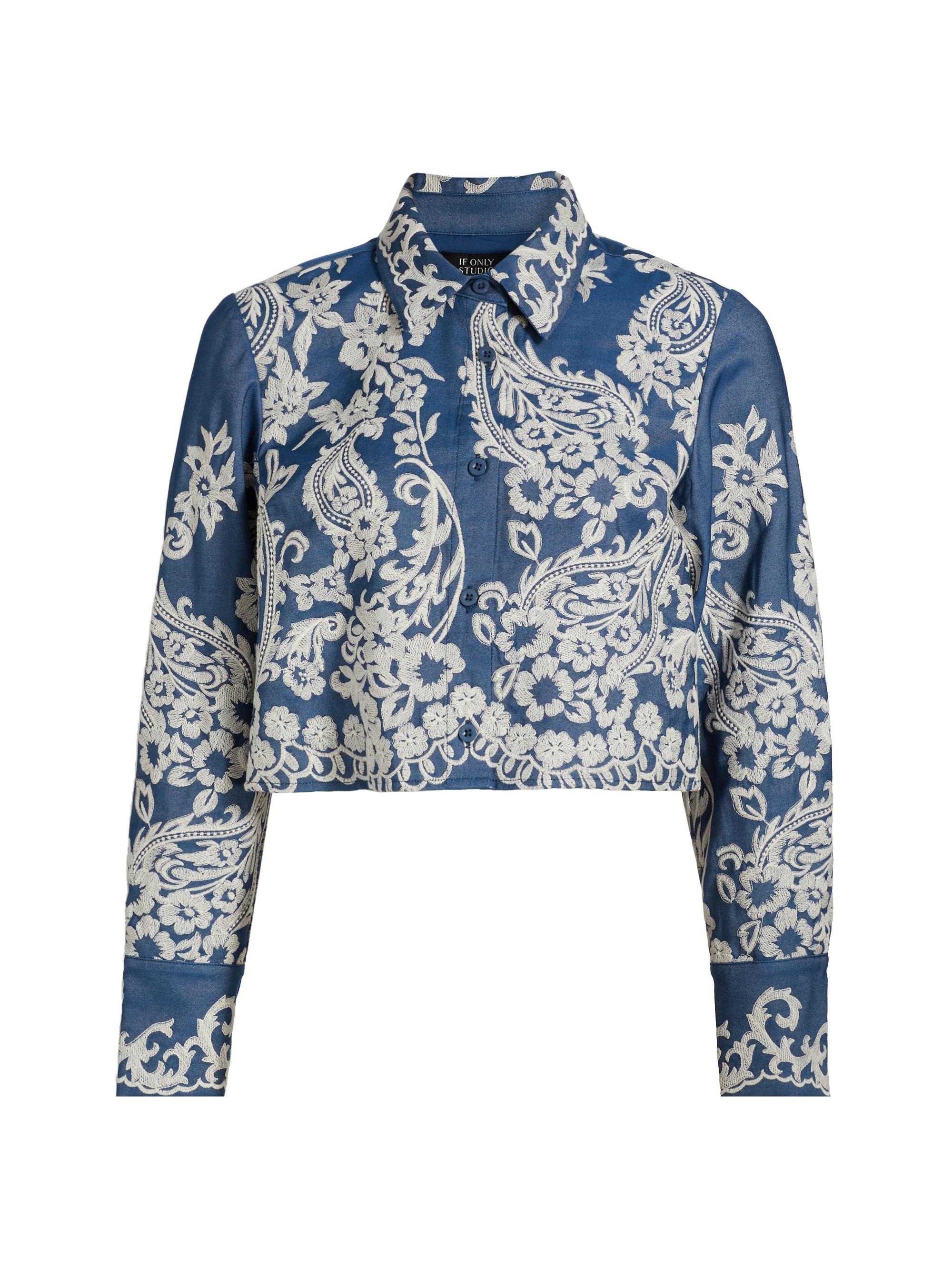 If Only Studio Women's Embroidered Chambray Crop Long-Sleeve Shirt - Blue