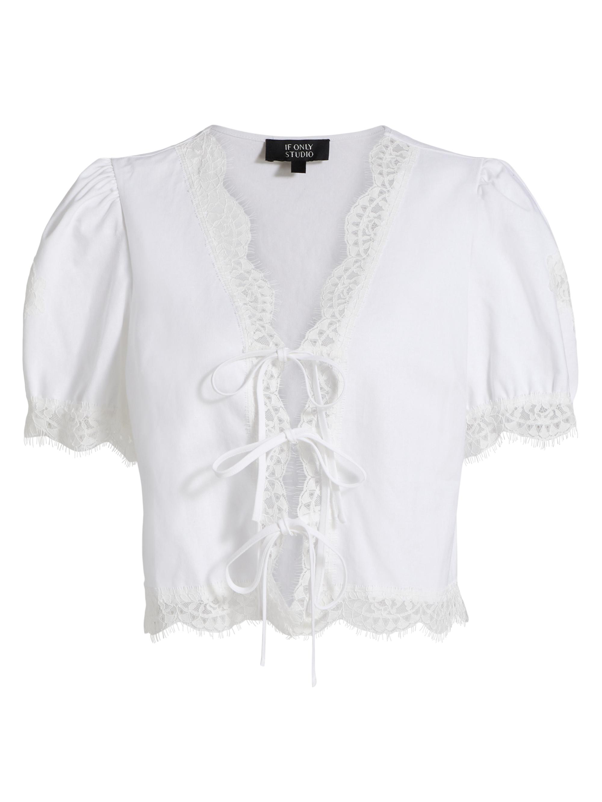 If Only Studio Women's Lace-Trim Puff-Sleeve Shirt - White