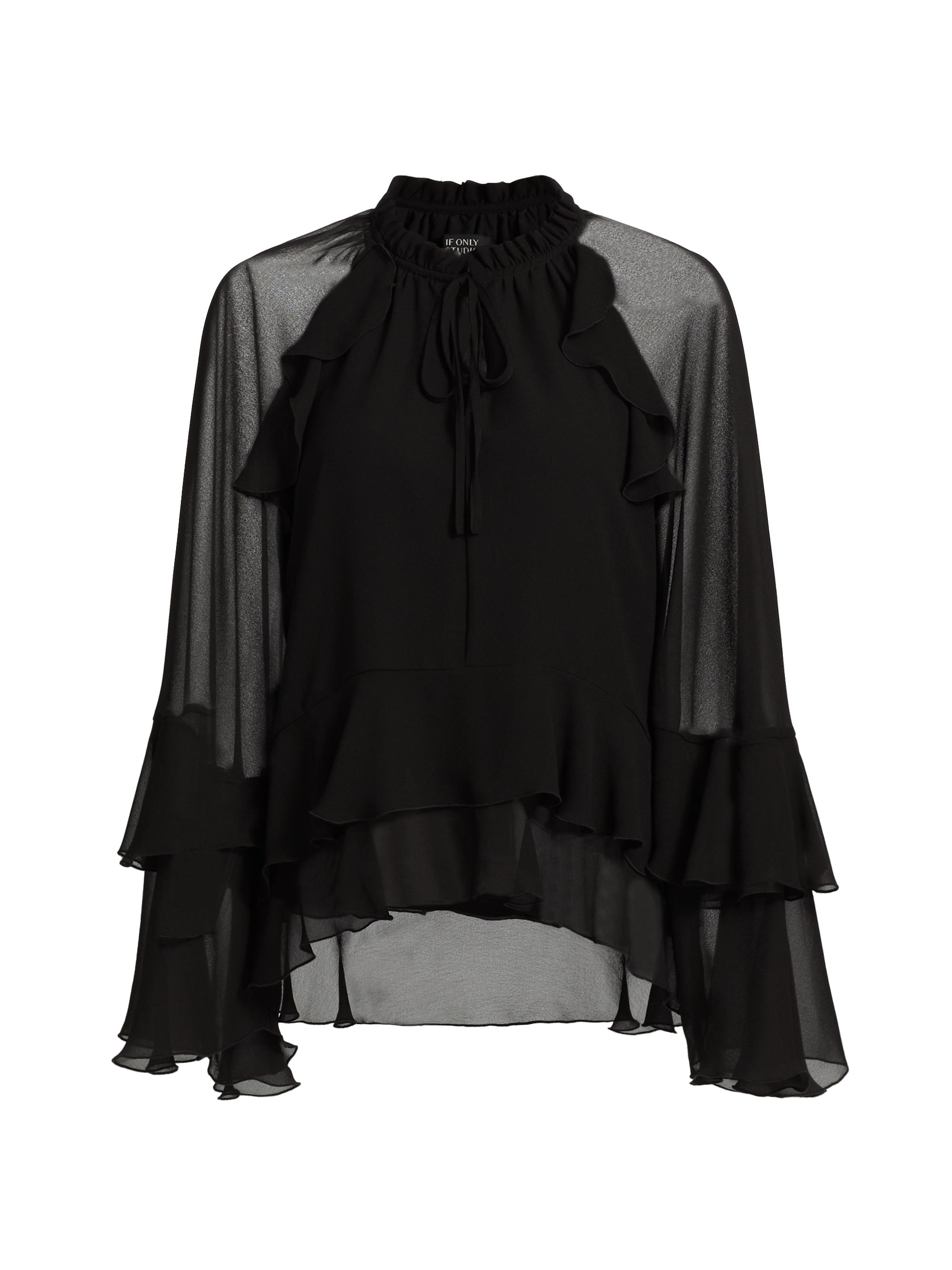 If Only Studio Women's Ruffled Chiffon Long-Sleeve Blouse - Black