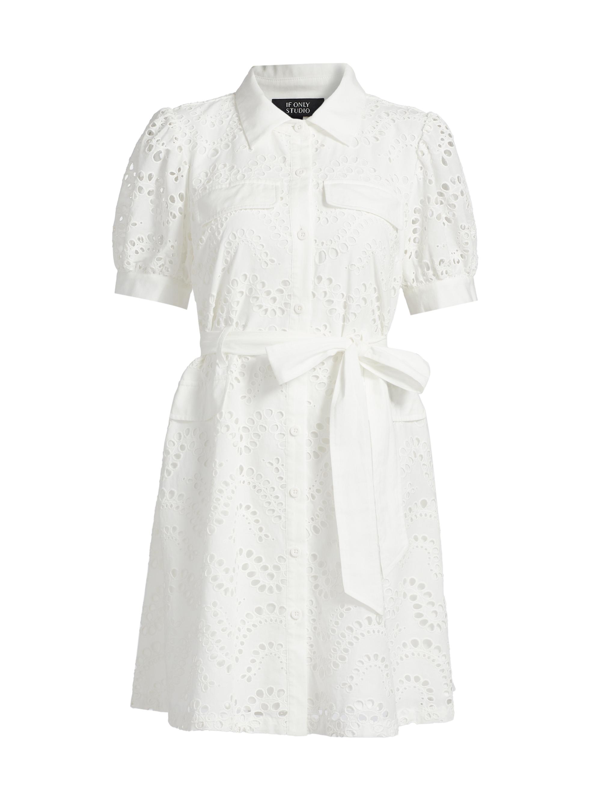 If Only Studio Women's Eyelet Cotton Tie-Waist Mini-Shirtdress - White
