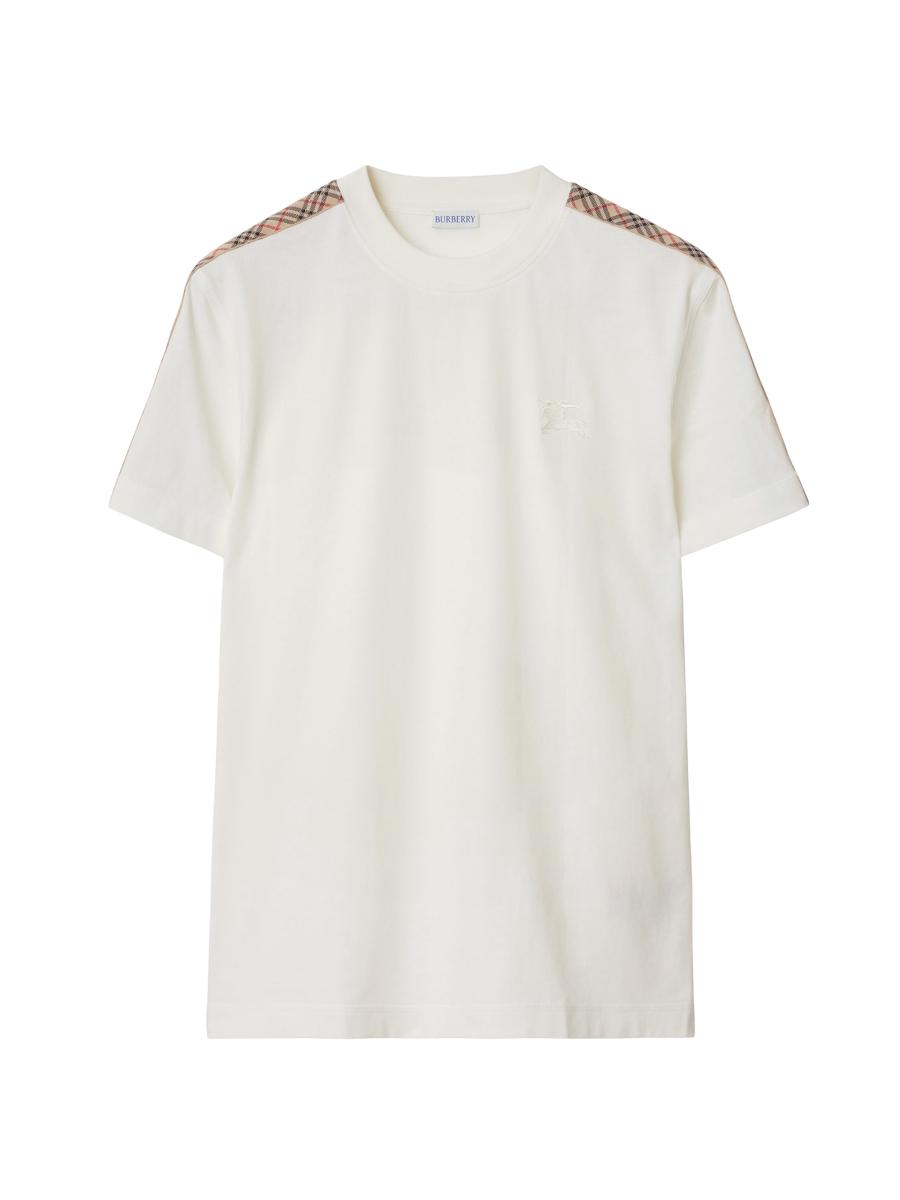 Burberry White Crewneck T-shirt With Check Motif On The Sleeve And Ekd Logo Embroidery On The Front In Cotton