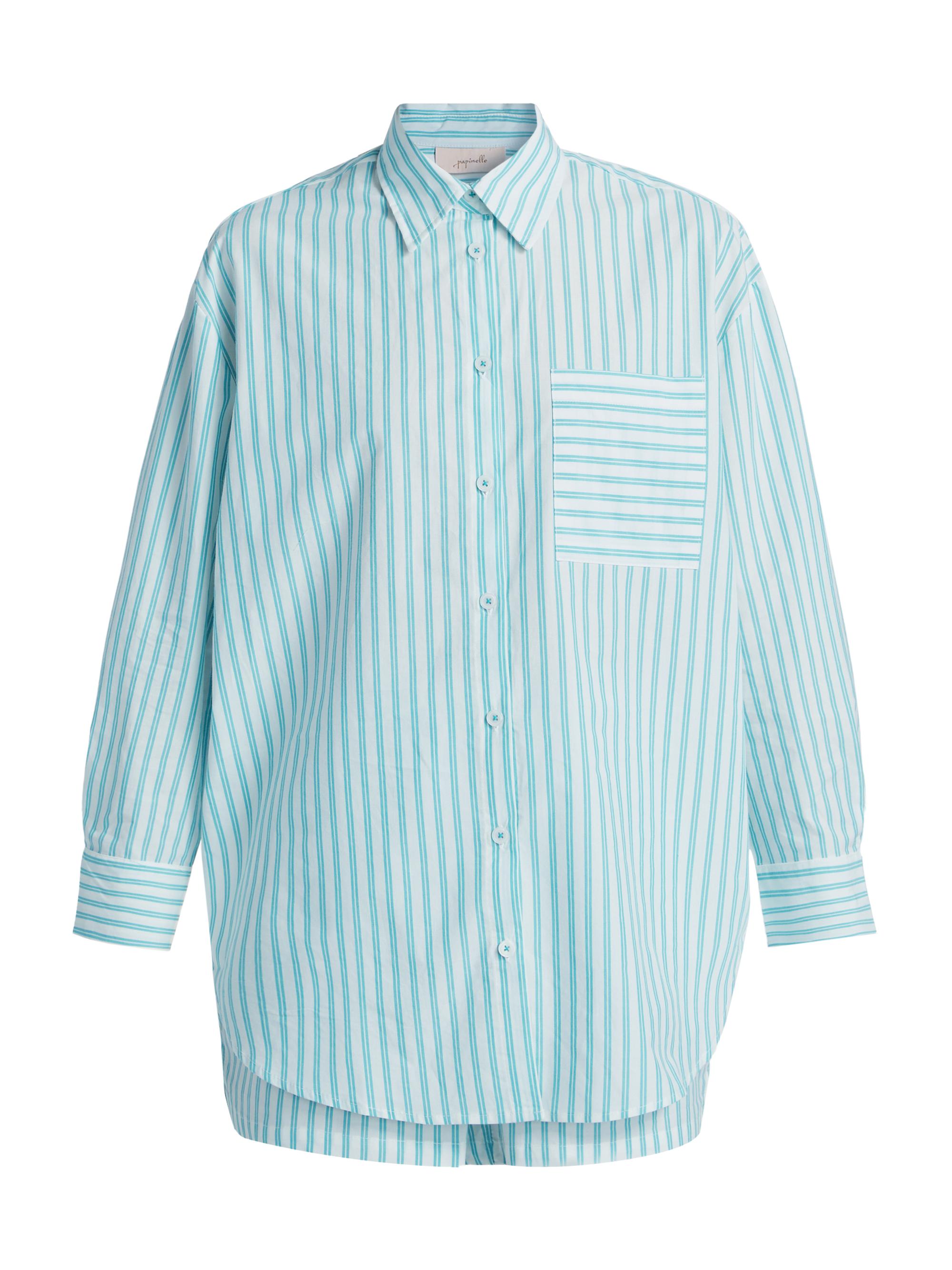 Papinelle Women's Striped Shirting Boxer Pajama Set - White Blue Turquoise Stripe