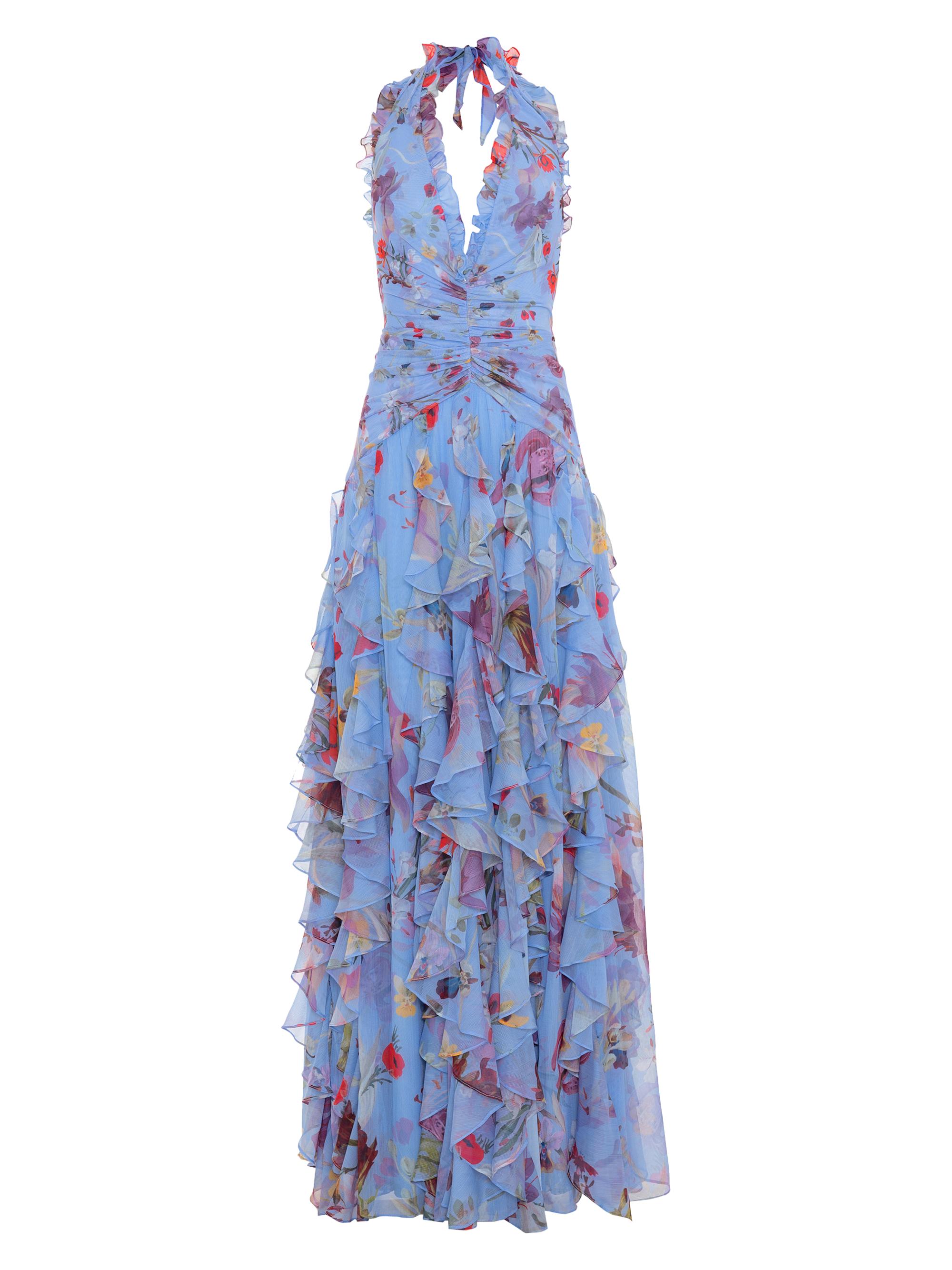 PatBO Women's Lily Floral Flutter Halter Gown - Blue